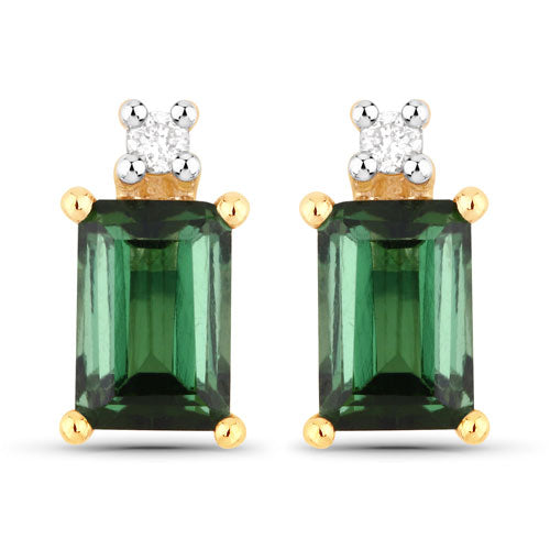 1.24 Carat Genuine Green Tourmaline and White Diamond 14K Yellow Gold Earrings on sale at MyriadMart
