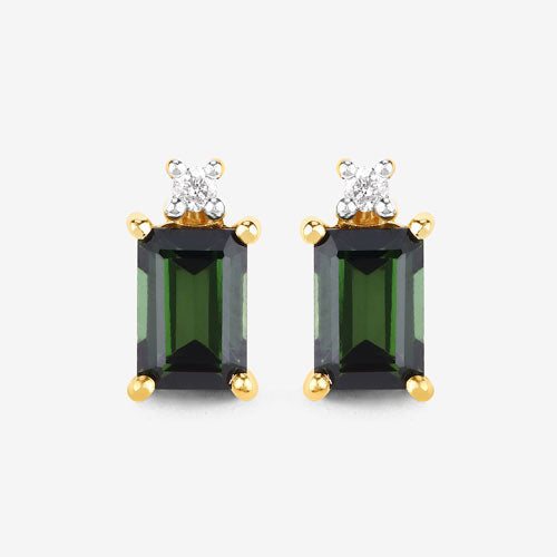 1.24 Carat Genuine Green Tourmaline and White Diamond 14K Yellow Gold Earrings on sale at MyriadMart