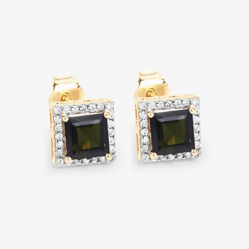 1.55 Carat Genuine Green Tourmaline and White Diamond 14K Yellow Gold Earrings on sale at MyriadMart