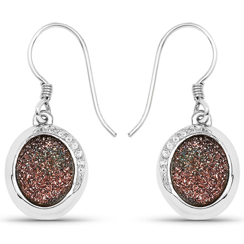 4.72 Carat Genuine Copper Bloom Drusy and White Topaz .925 Sterling Silver Earrings on sale at MyriadMart