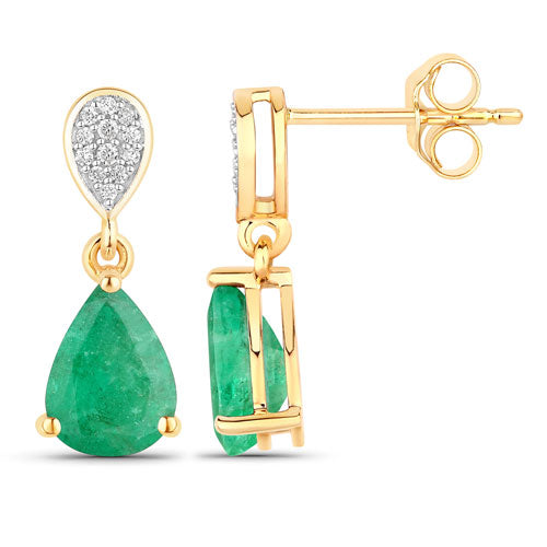2.28 Carat Genuine Zambian Emerald and White Diamond 10K Yellow Gold Earrings on sale at MyriadMart