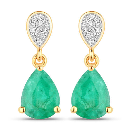 2.28 Carat Genuine Zambian Emerald and White Diamond 14K Yellow Gold Earrings on sale at MyriadMart