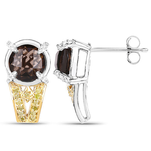 3.75 Carat Genuine Smoky Quartz, Yellow Diamond and White Diamond .925 Sterling Silver Earrings on sale at MyriadMart