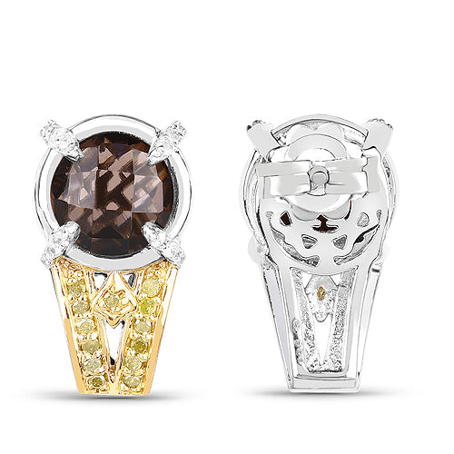 3.75 Carat Genuine Smoky Quartz, Yellow Diamond and White Diamond .925 Sterling Silver Earrings on sale at MyriadMart