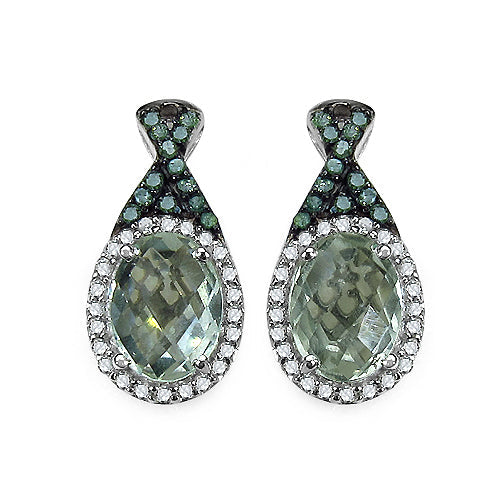 2.55 Carat Genuine Green Amethyst, Green Diamond & White Diamond .925 Sterling Silver Earrings on sale at MyriadMart