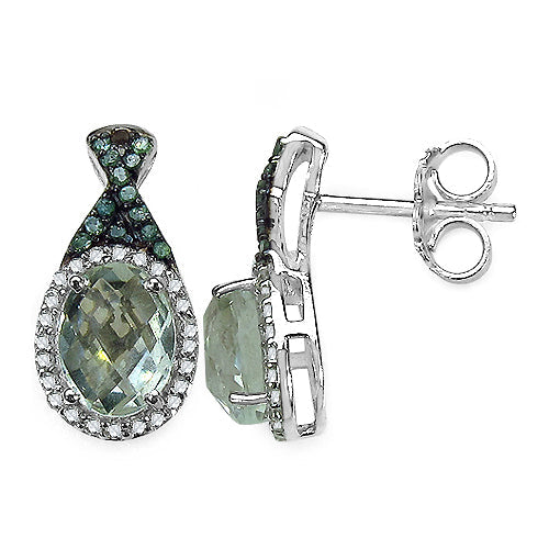 2.55 Carat Genuine Green Amethyst, Green Diamond & White Diamond .925 Sterling Silver Earrings on sale at MyriadMart