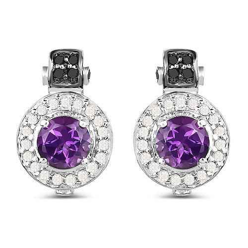 2.29 Carat Genuine Amethyst, Black Diamond and White Diamond .925 Sterling Silver Earrings on sale at MyriadMart