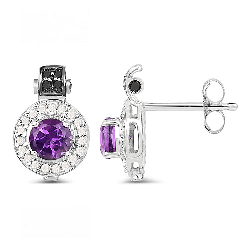 2.29 Carat Genuine Amethyst, Black Diamond and White Diamond .925 Sterling Silver Earrings on sale at MyriadMart