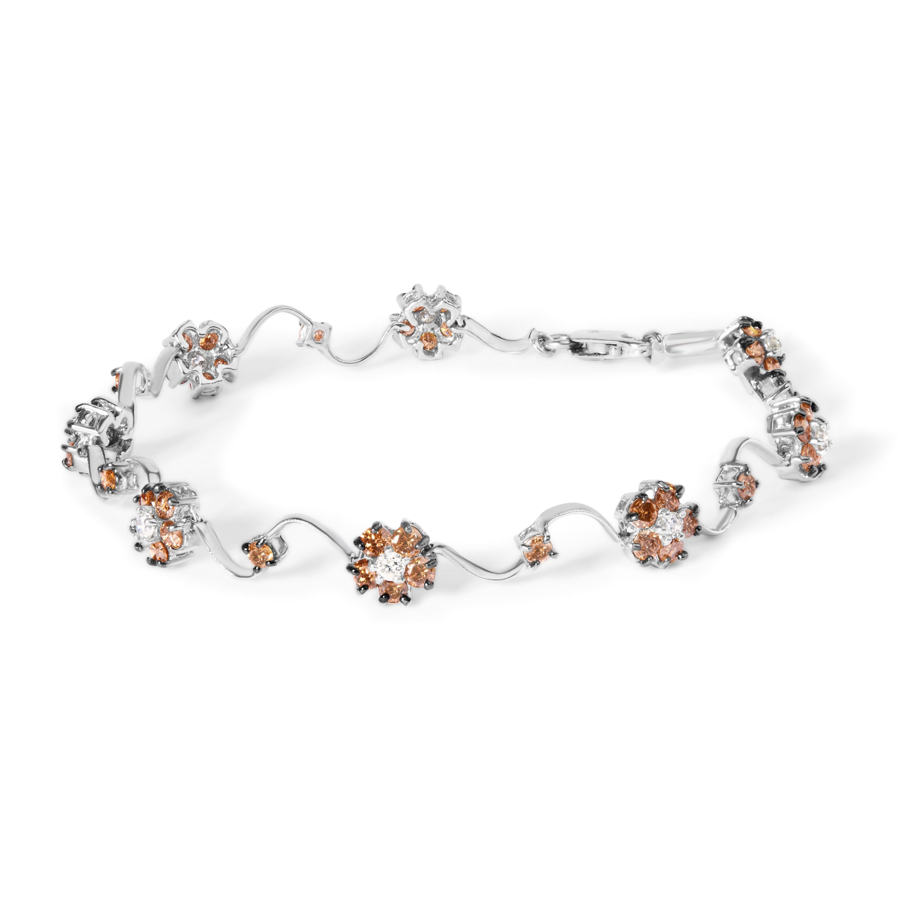 10K White Gold 4.0 Cttw Champagne and White Diamond Floral Cluster and Station Link Bracelet H-I Color, SI2-I1 Clarity - 7" Inches on sale at MyriadMart