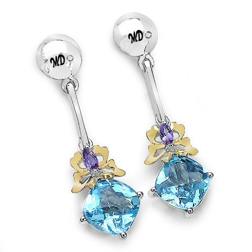 5.55 Carat Genuine Blue Topaz, Amethyst & White Diamond .925 Sterling Silver Earrings on sale at MyriadMart