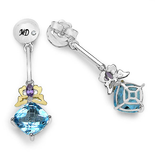 5.55 Carat Genuine Blue Topaz, Amethyst & White Diamond .925 Sterling Silver Earrings on sale at MyriadMart