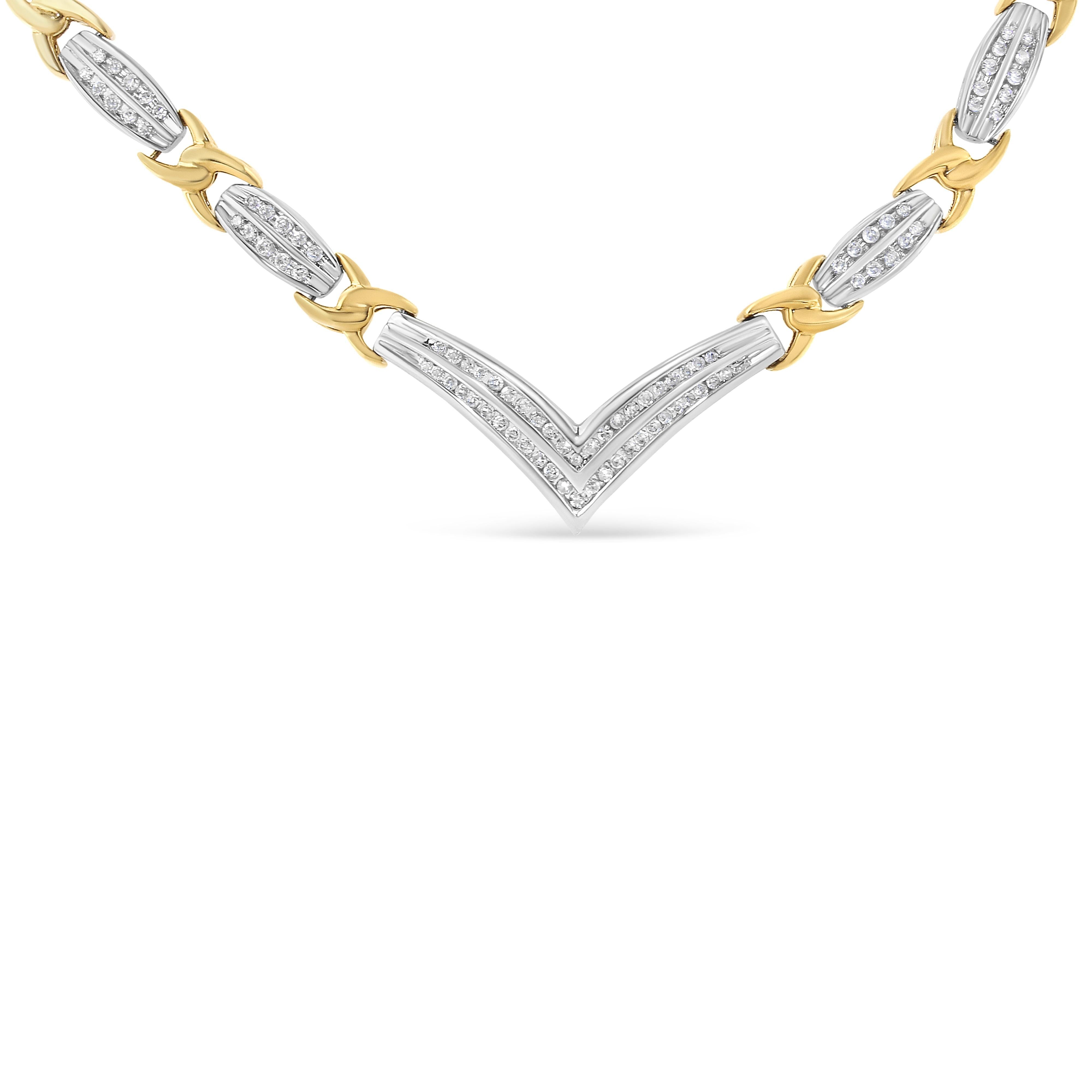 10K Yellow and White Gold 1.0 Cttw Round and Princess cut Diamond "V" Shape Statement Necklace I-J Color, I1-I2 Clarity on sale at MyriadMart