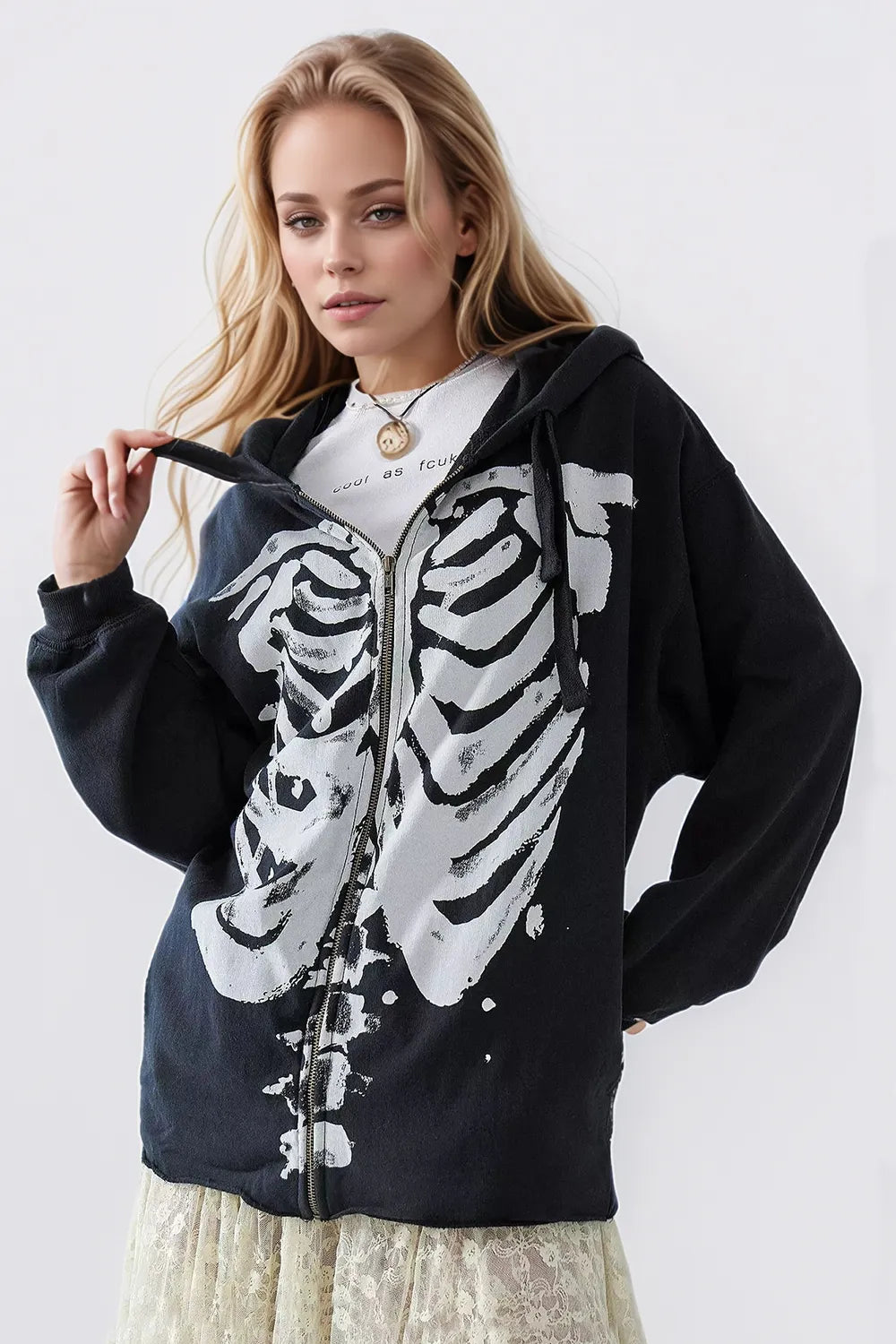 Skeleton Zip Up Drawstring Hoodie - MyriadMart