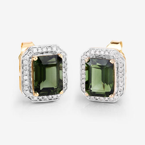 3.57 Carat Genuine Green Tourmaline and White Diamond 14K Yellow Gold Earrings on sale at MyriadMart