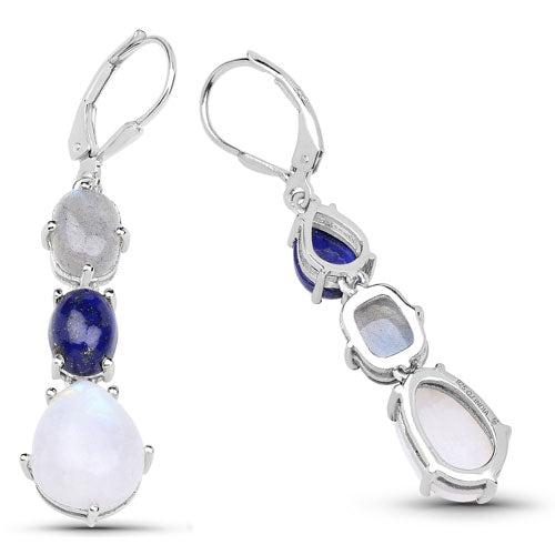 10.17 Carat Genuine Lapis, Labradorite and White Rainbow Moonstone .925 Sterling Silver Earrings on sale at MyriadMart