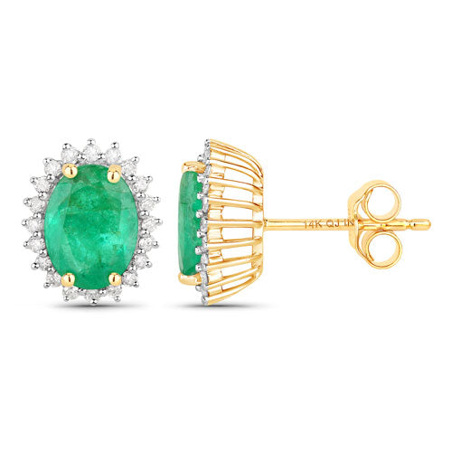 2.66 Carat Genuine Zambian Emerald and White Diamond 14K Yellow Gold Earrings on sale at MyriadMart