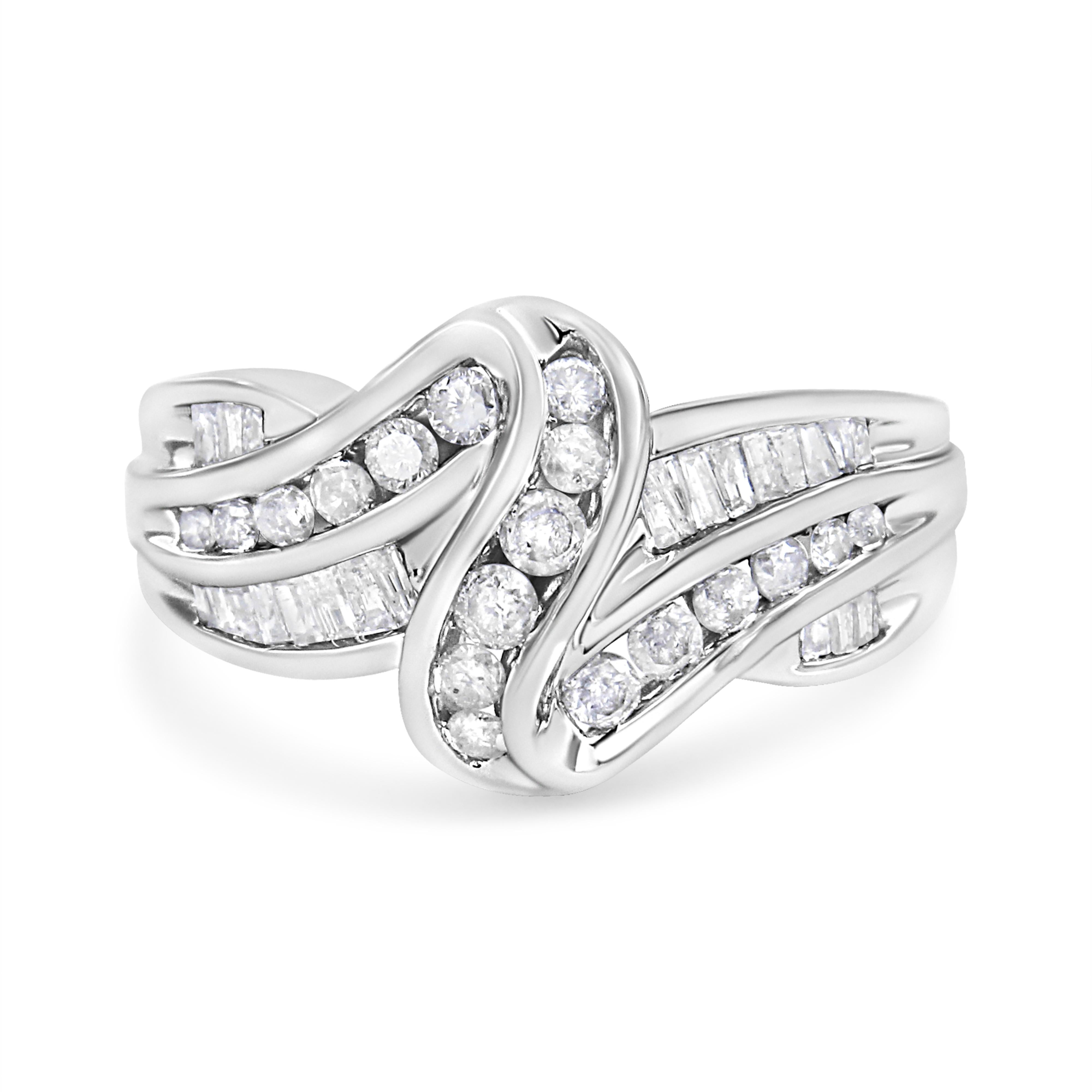 10K White Gold Ring 3/4 Cttw Round and Baguette-Cut Diamond Bypass Ring H-I Color, I2-I3 Clarity - Size 6 on sale at MyriadMart