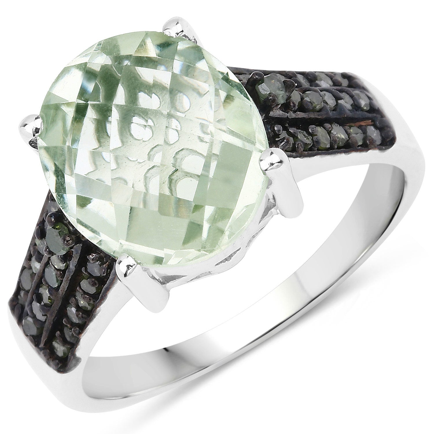 4.26 Carat Genuine Green Amethyst and Green Diamond .925 Sterling Silver Ring on sale at MyriadMart