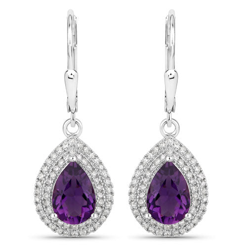 2.77 Carat Genuine Amethyst and White Diamond .925 Sterling Silver Earrings on sale at MyriadMart