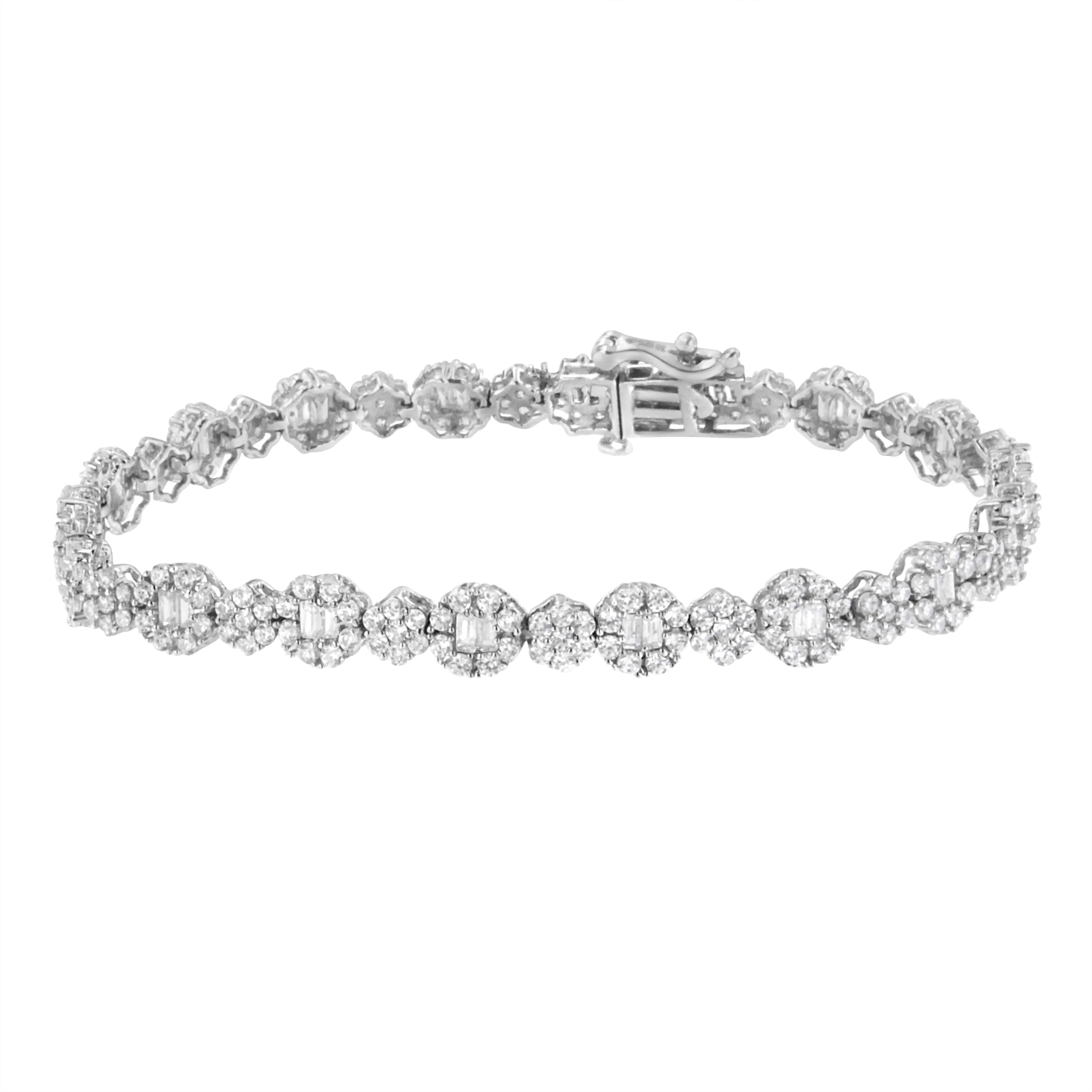 10K White Gold 4.0 cttw Brilliant Round-cut and Baguette Diamond Floral Cluster Link Bracelet I-J Clarity, I1-I2 Color - Size 7" on sale at MyriadMart