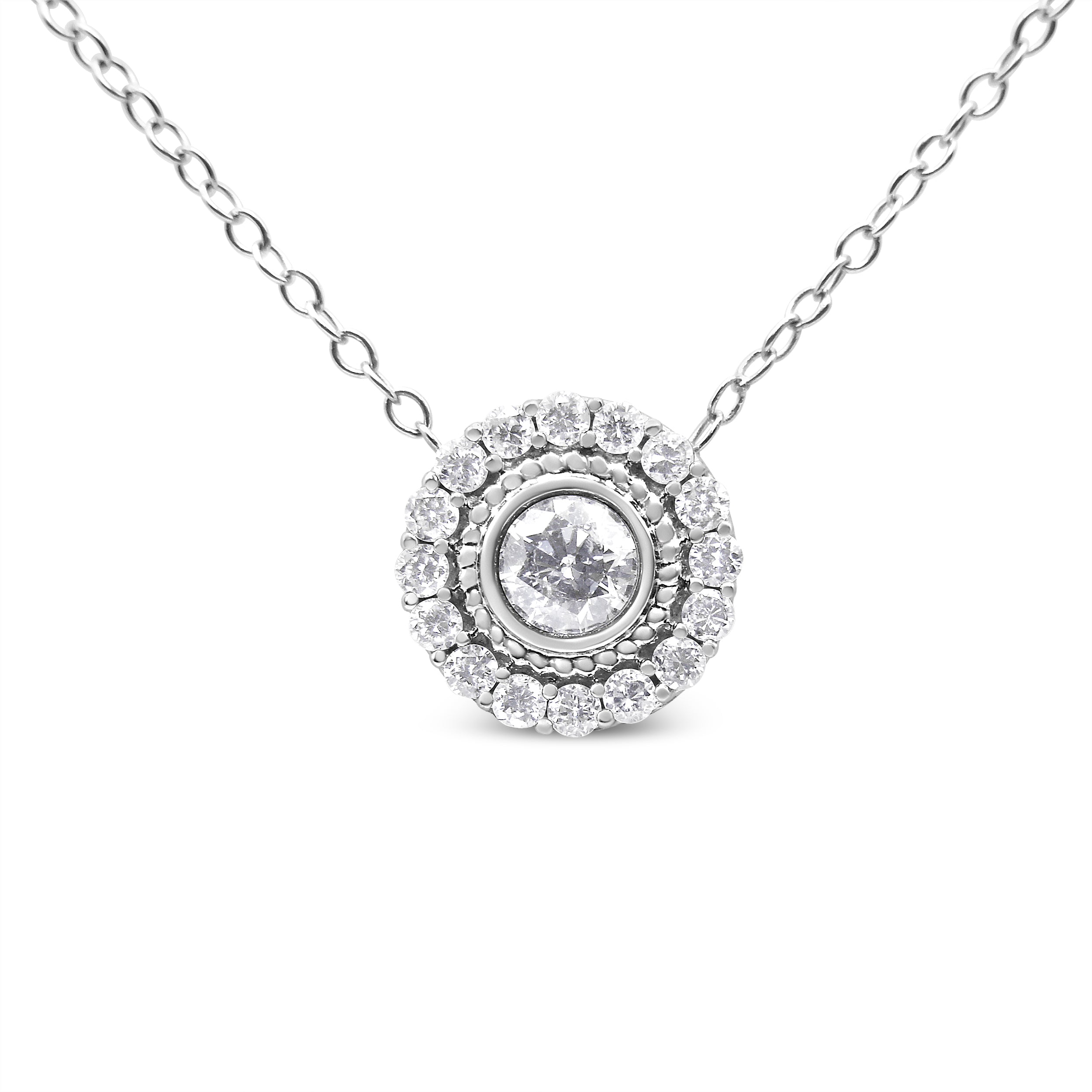 .925 Sterling Silver 1/2 Cttw Round Diamond Halo Circle Pendant 18" Necklace I-J Color, I2-I3 Clarity on sale at MyriadMart