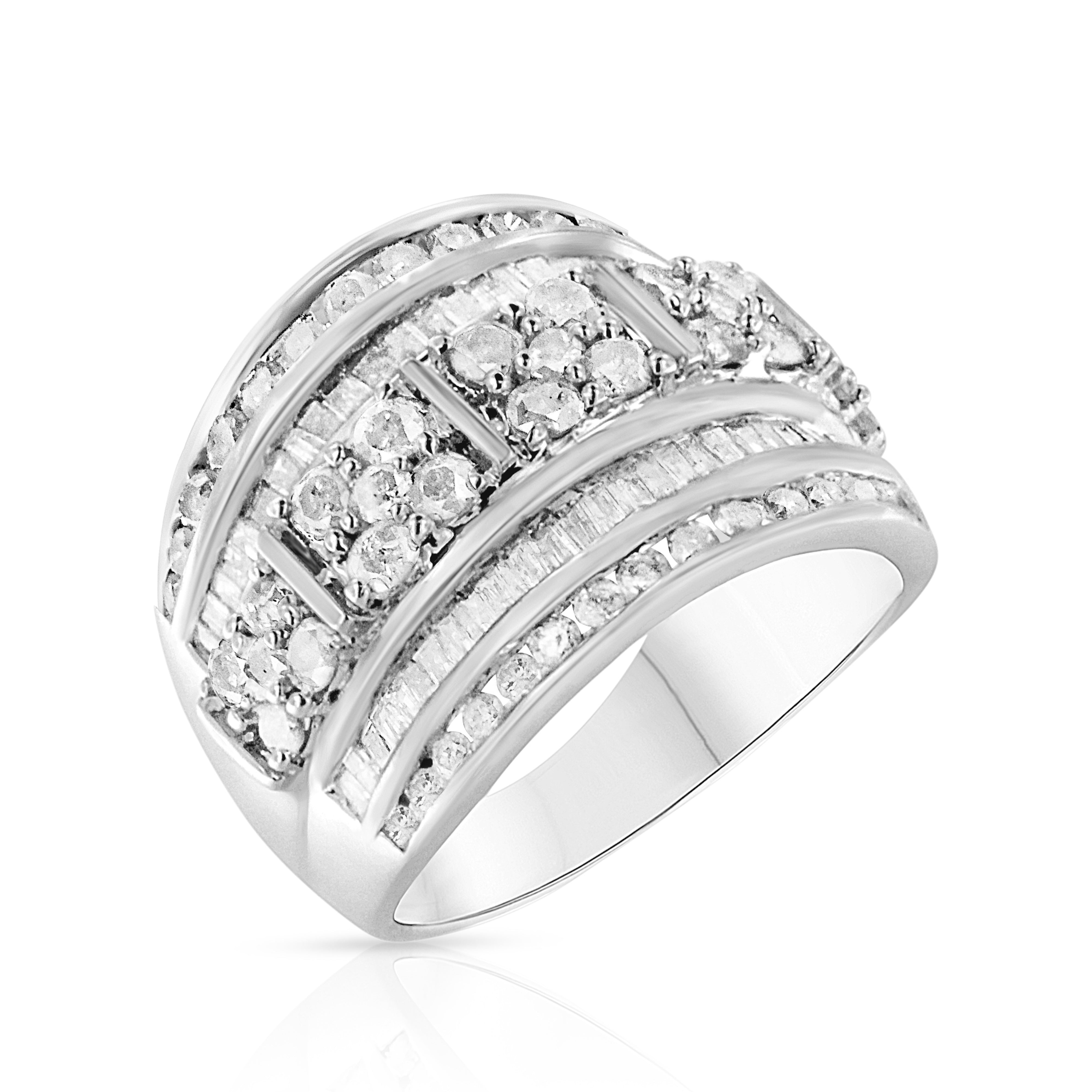.925 Sterling Silver 2.0 Cttw Round & Baguette Cut Diamond Multi-Row Channel Set Tapered Cocktail Fashion Ring I-J Color, I3 Clarity - Size 7 on sale at MyriadMart