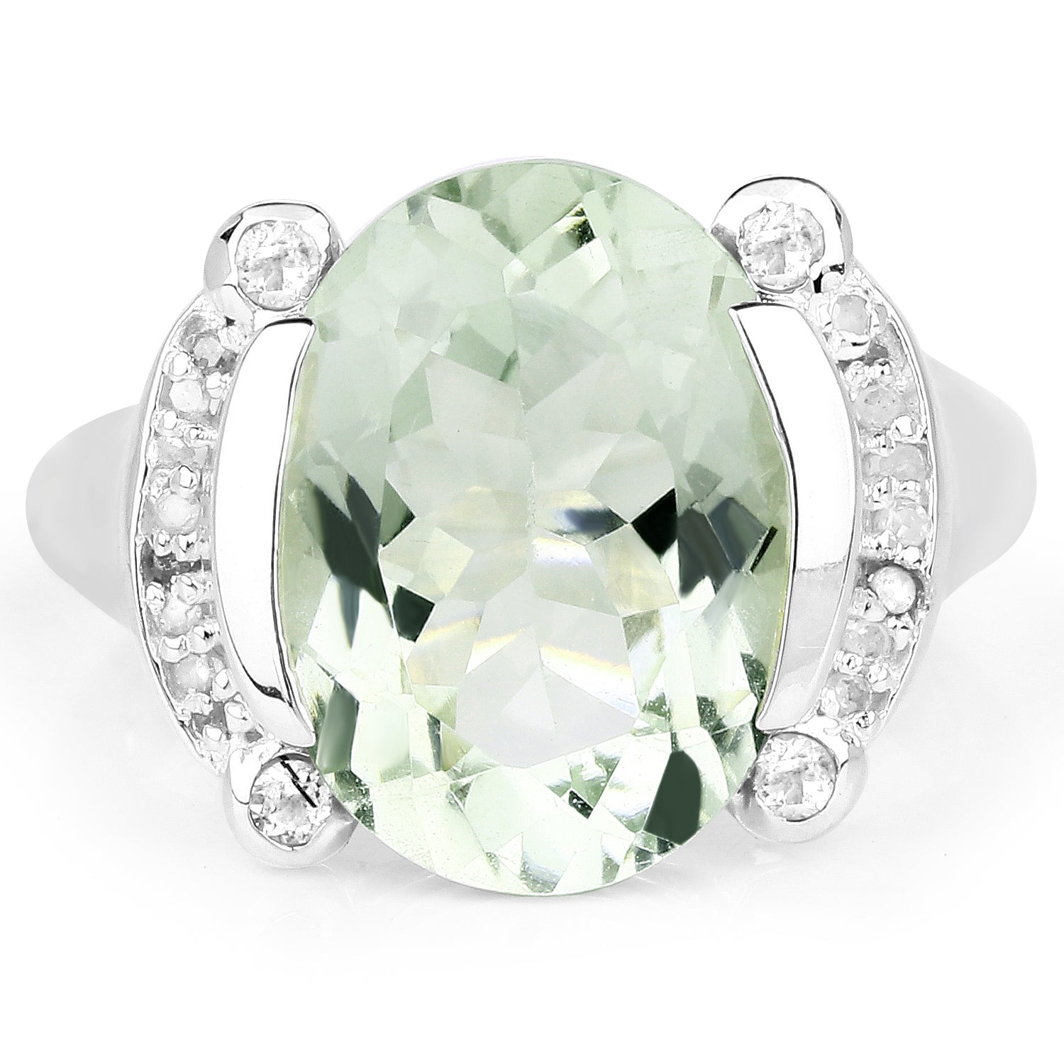 8.12 Carat Genuine Green Amethyst, White Topaz & White Diamond .925 Sterling Silver Ring on sale at MyriadMart