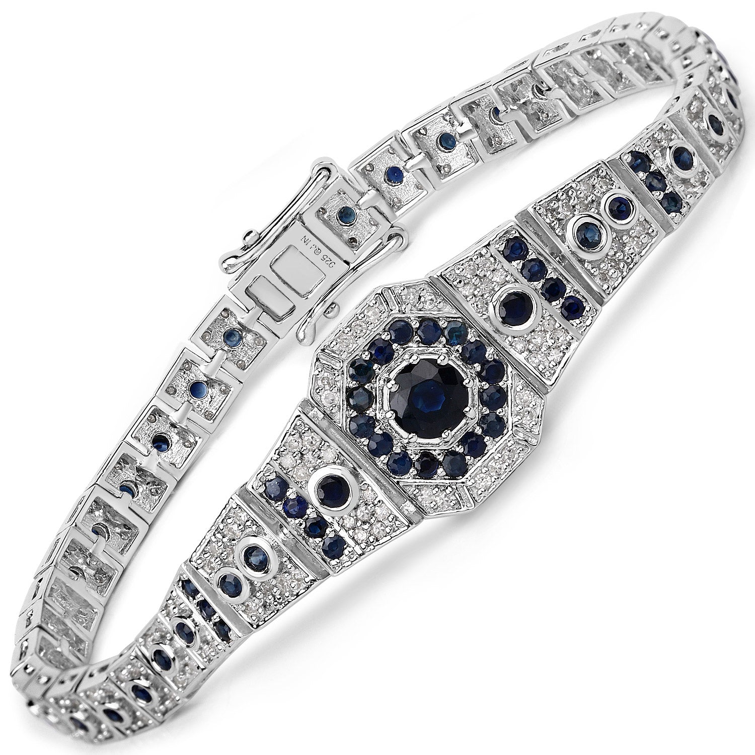 3.79 Carat Genuine Blue Sapphire and White Diamond .925 Sterling Silver Bracelet on sale at MyriadMart