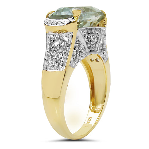 14K Yellow Gold Plated 6.81 Carat Genuine Green Amethyst & White Topaz .925 Sterling Silver Ring on sale at MyriadMart