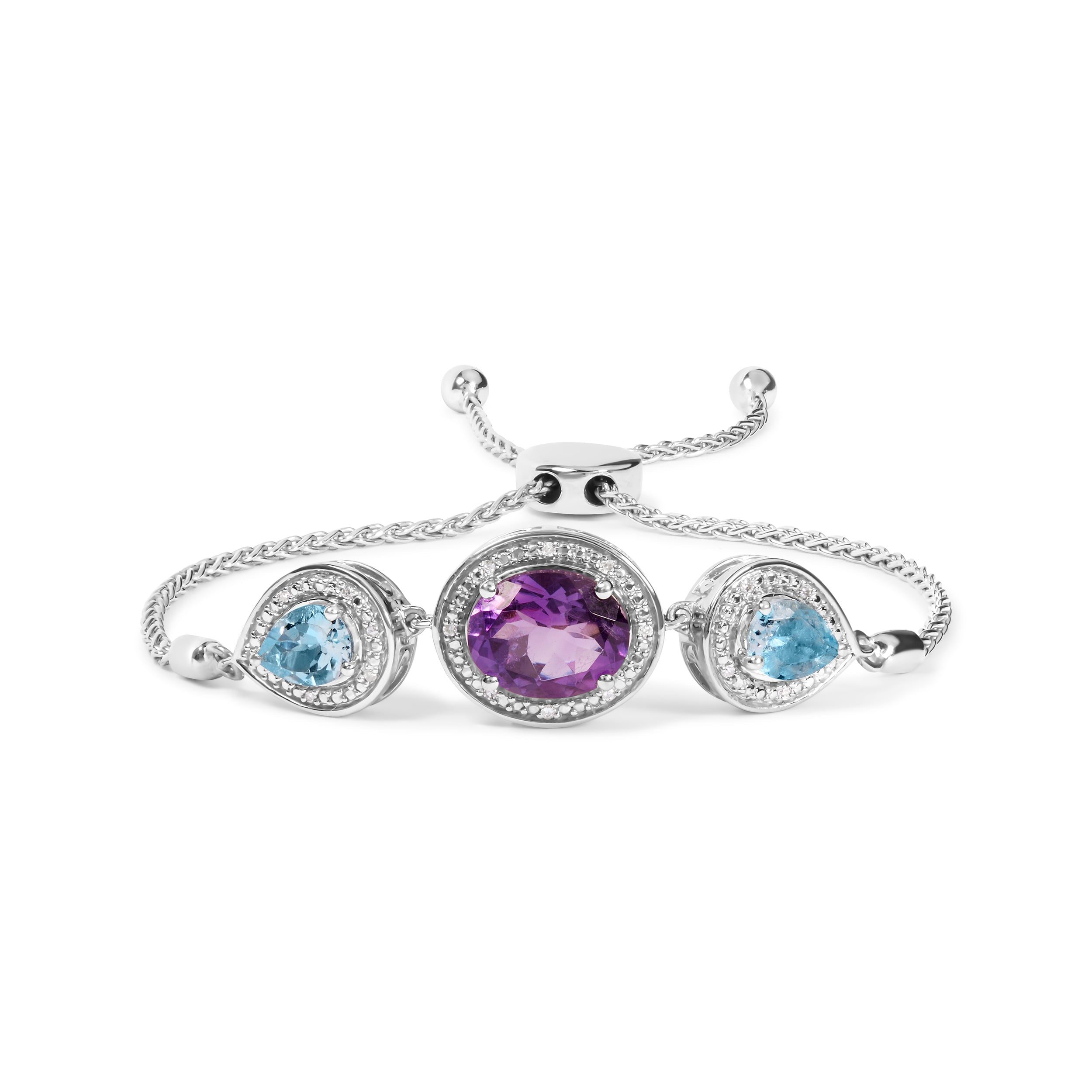 .925 Sterling Silver Oval Amethyst and Pear Blue Topaz with Diamond Accent Lariat 4â€-10â€ Adjustable Bolo Bracelet H-I Color, SI1-SI2 Clarity on sale at MyriadMart