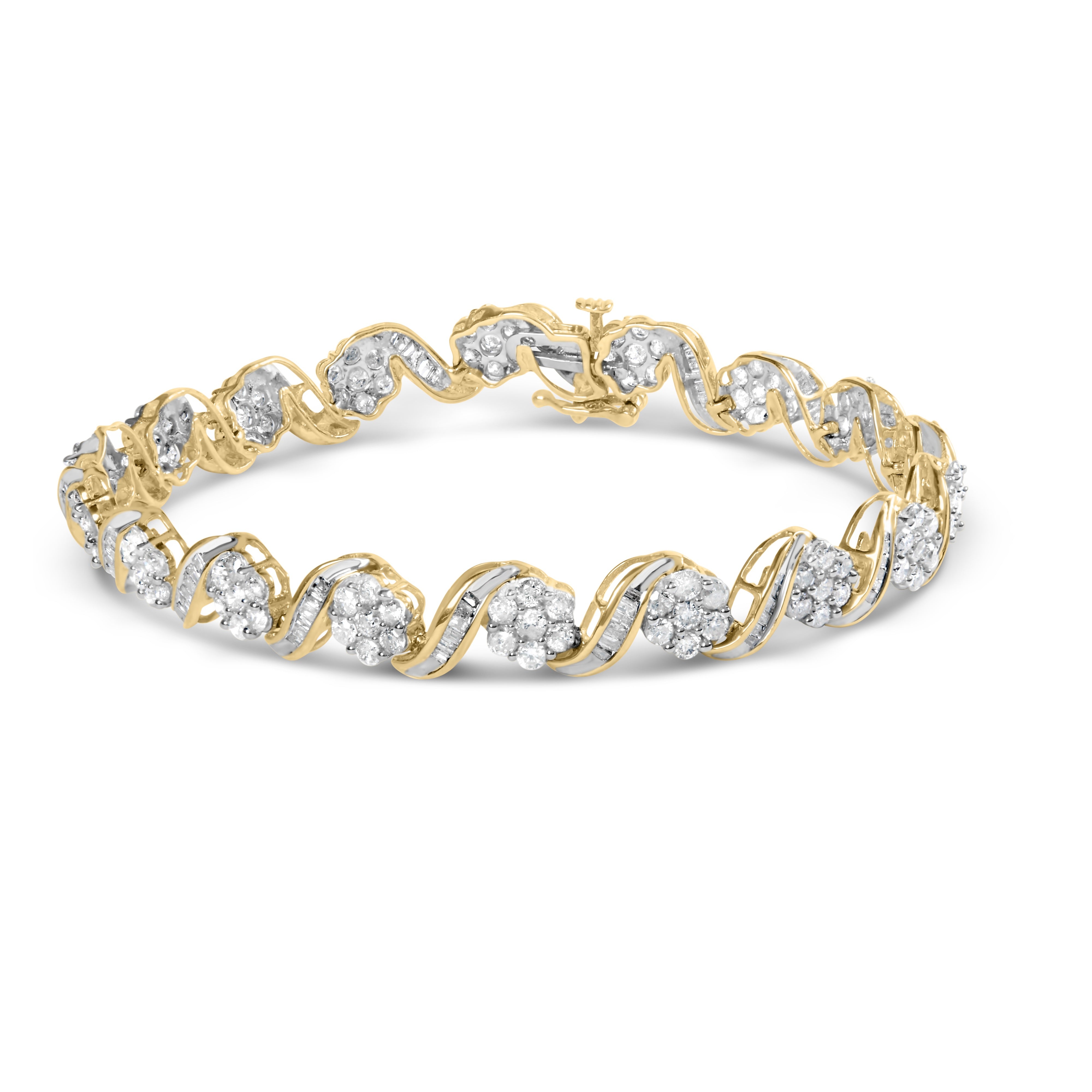 10k Yellow Gold 5.00 Cttw Round-Cut and Baguette-Cut Diamond Floral Link 7.25" Bracelet I-J Color, I2-I3 Clarity on sale at MyriadMart