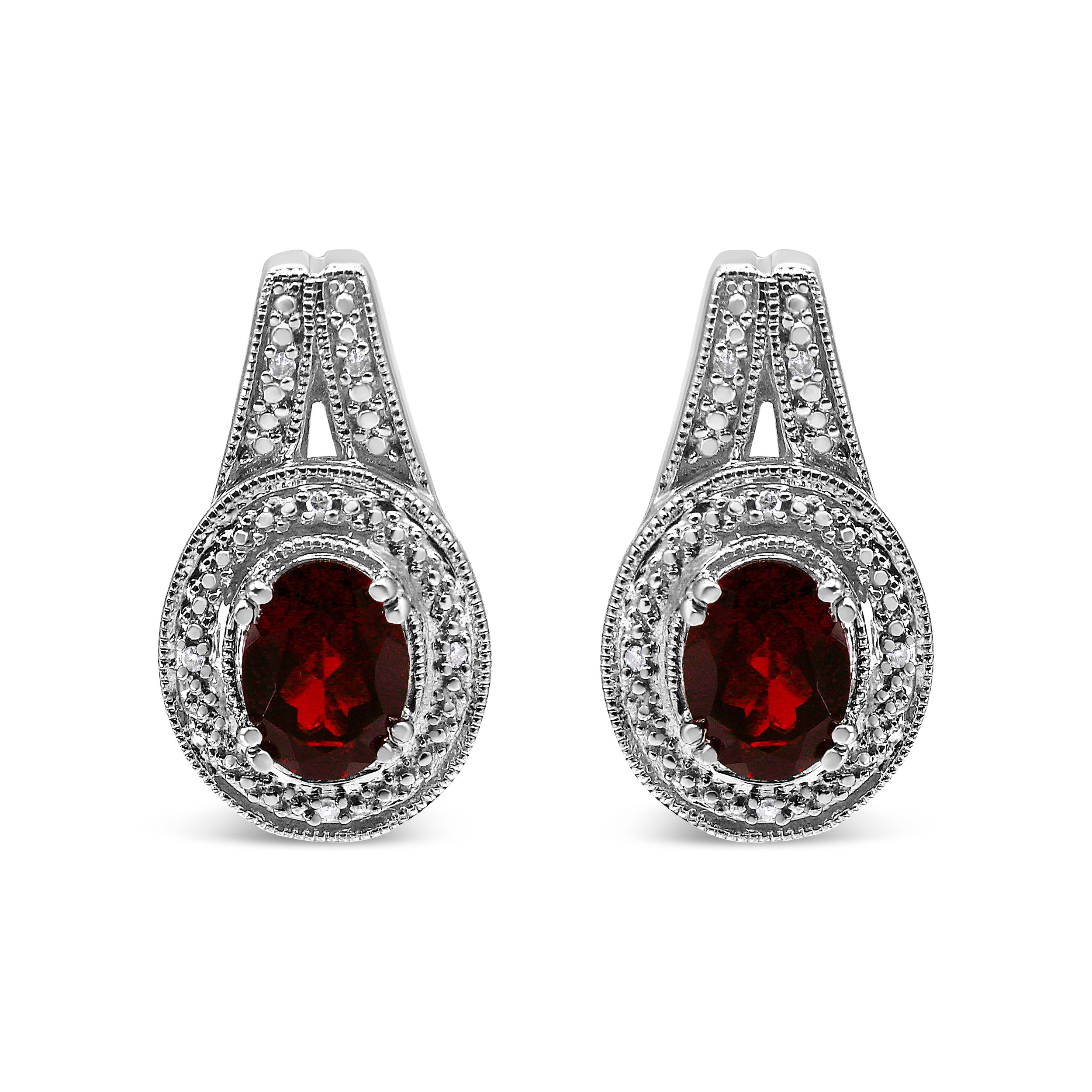 .925 Sterling Silver Diamond Accent and 8x6mm Red Oval Garnet Stud Earrings I-J Color, I1-I2 Clarity on sale at MyriadMart