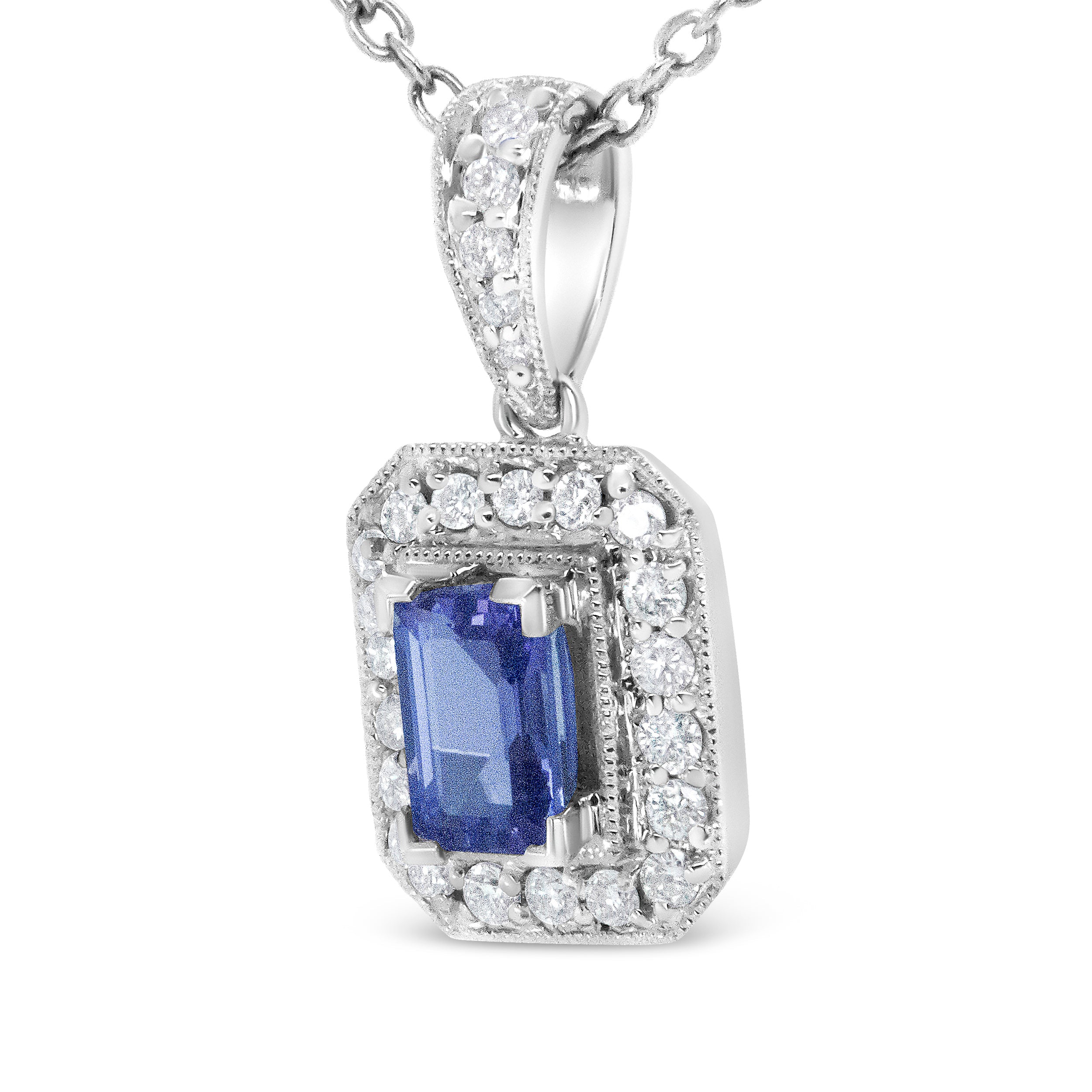 18K White Gold 1/4 Cttw Round Diamond and 6x4mm Purple Tanzanite Halo 18" Pendant Necklace H-I Color, VS1-VS2 Clarity on sale at MyriadMart
