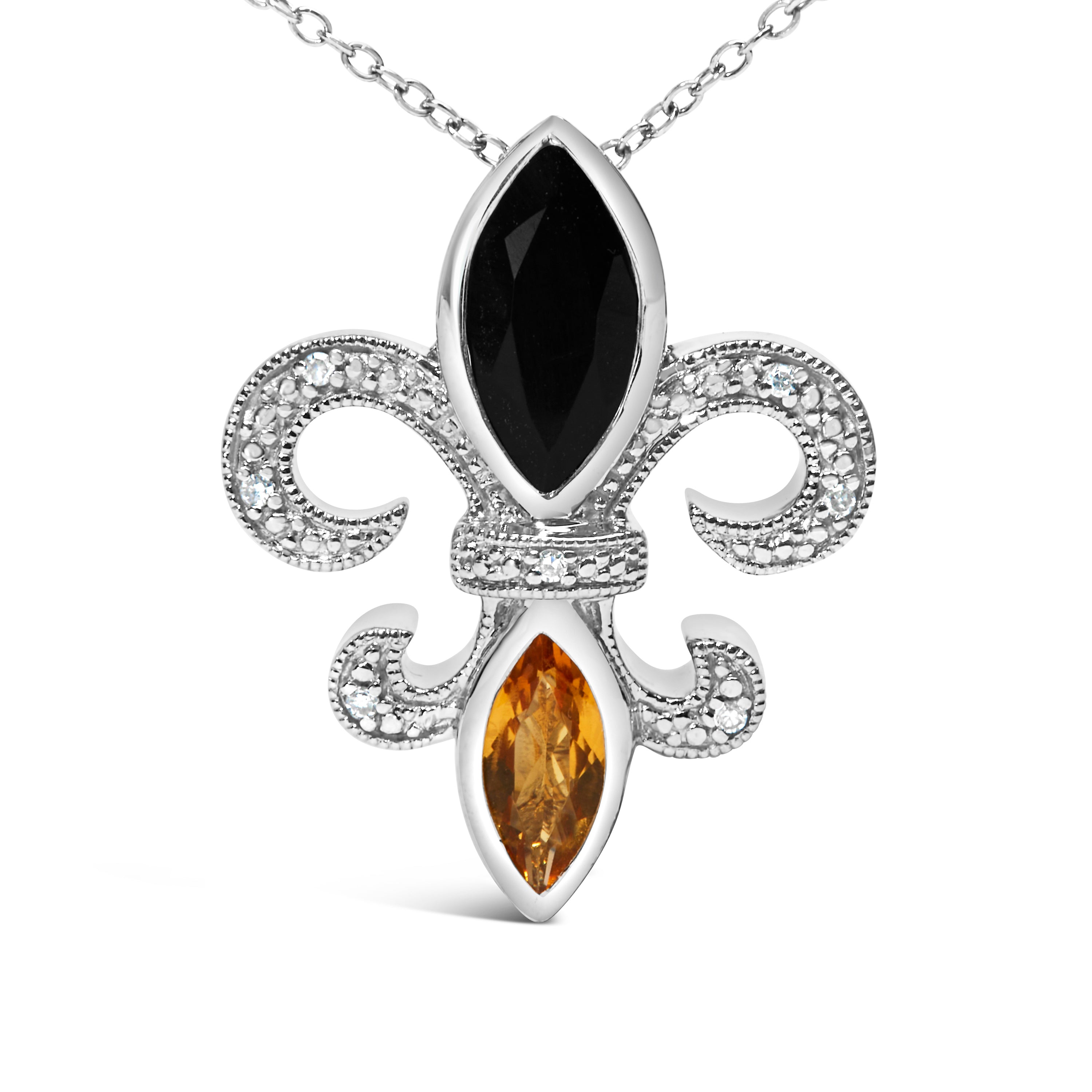 .925 Sterling Silver Marquise Onyx and Citrine and Diamond Accent Fleur De Lis Pendant Necklace H-I Color, SI1-SI2 Clarity - 18" on sale at MyriadMart