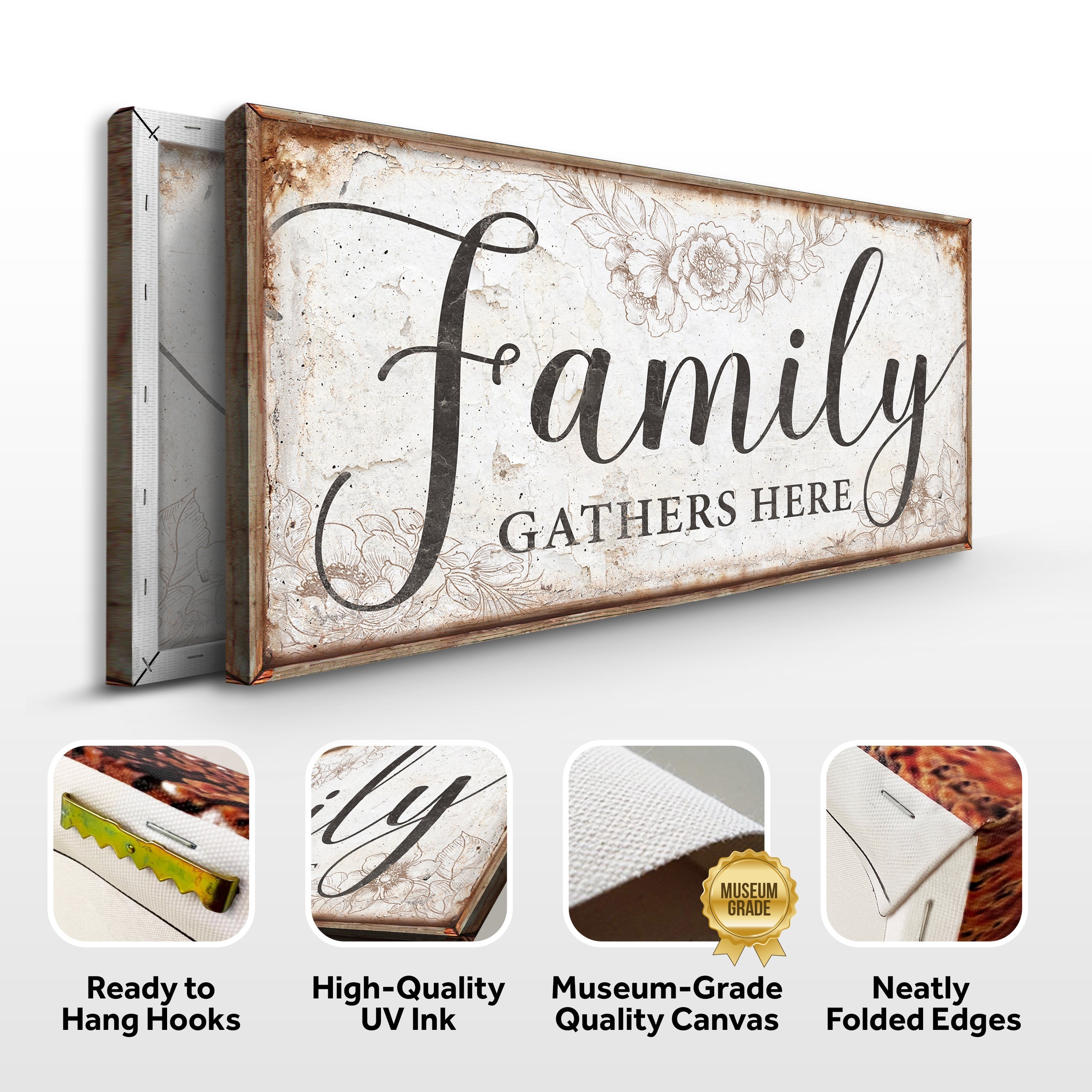 Family Gathers Here Sign on sale at MyriadMart