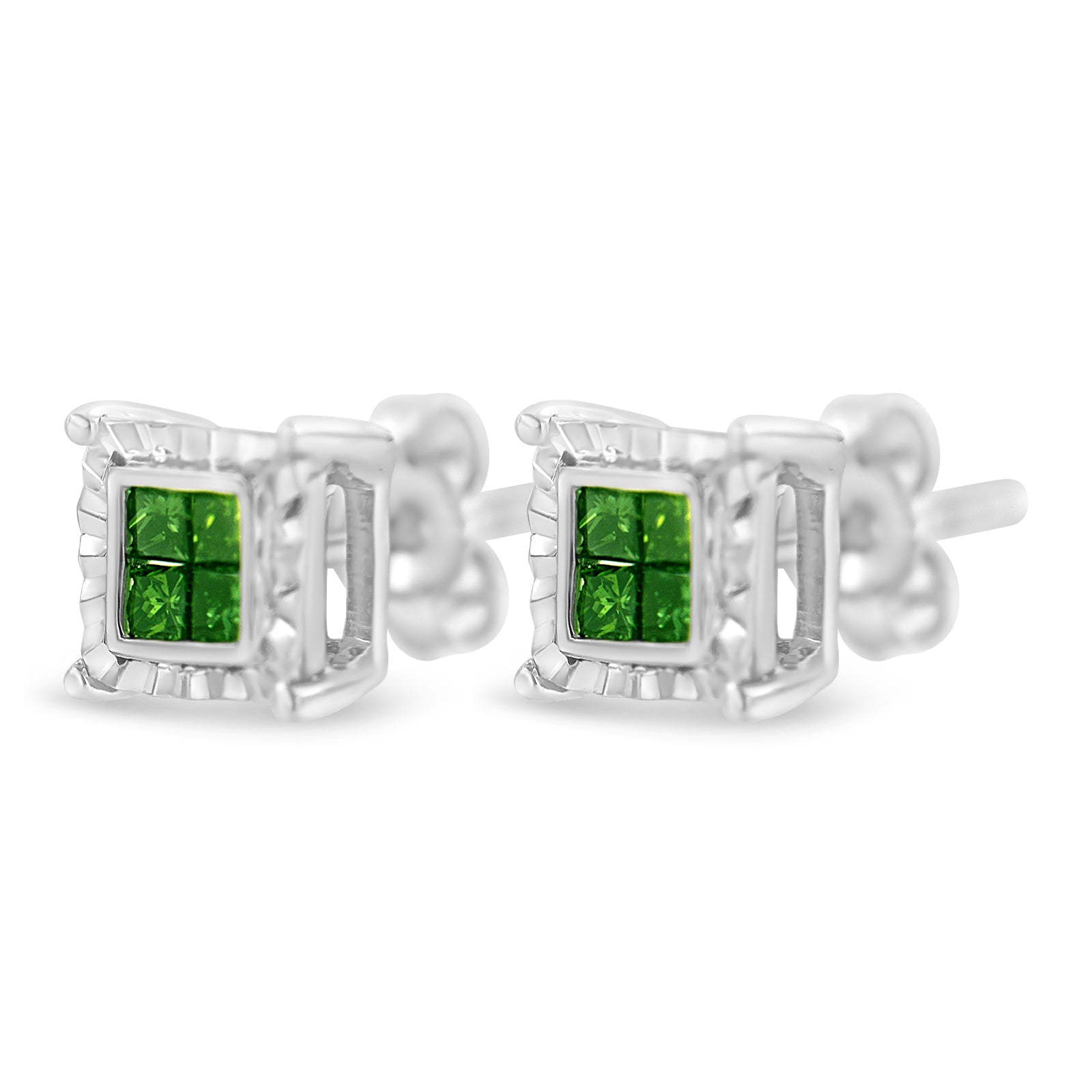 Sterling Silver Color Treated Princess Diamond Quad Stud Earring 1/2 cttw, Green Color, I1-I2 Clarity on sale at MyriadMart