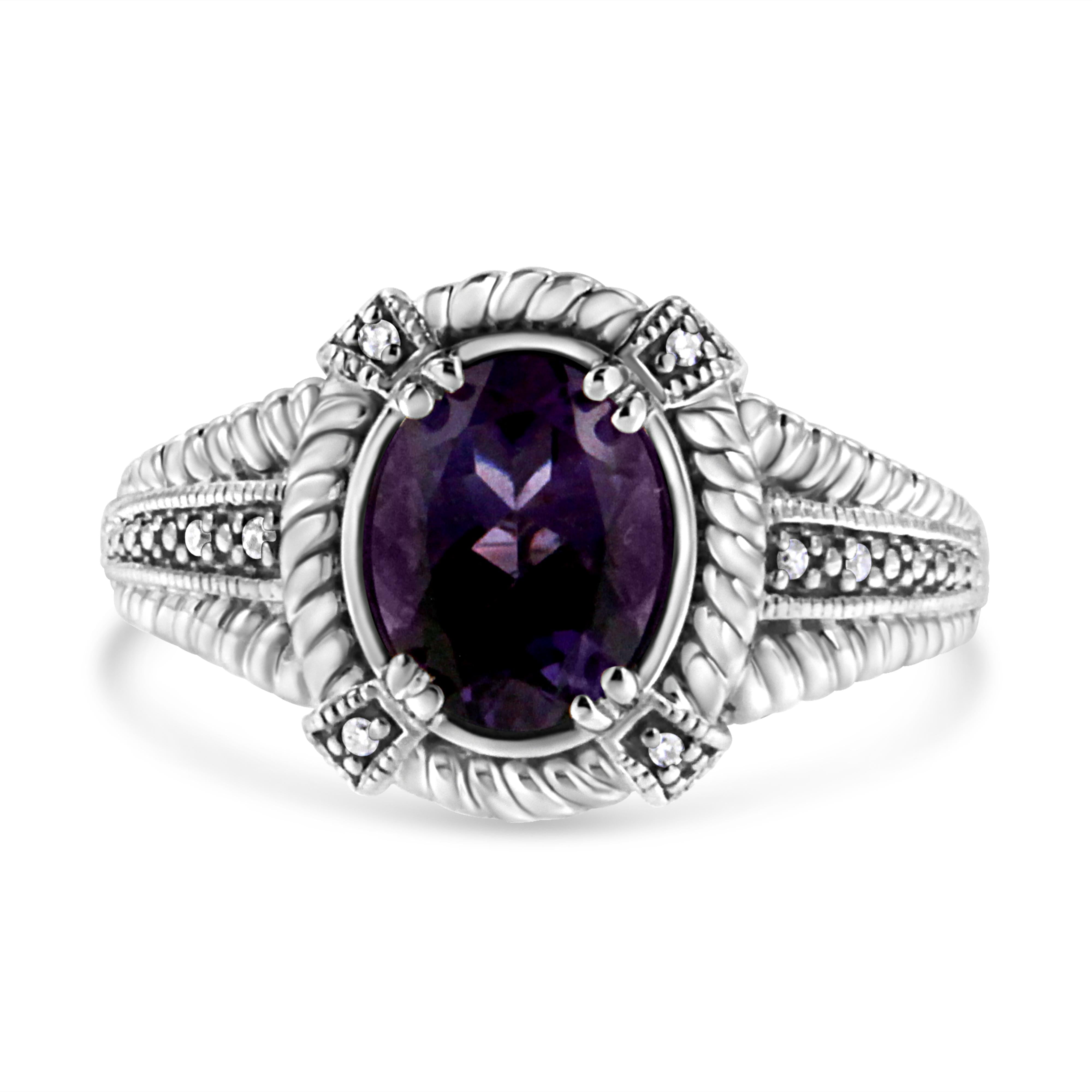 .925 Sterling Silver Prong Set Natural Oval Shape 9X7 MM Purple Amethyst Solitaire and Diamond Accent Ring I-J Color, I1-I2 Clarity - Ring Size 7 on sale at MyriadMart