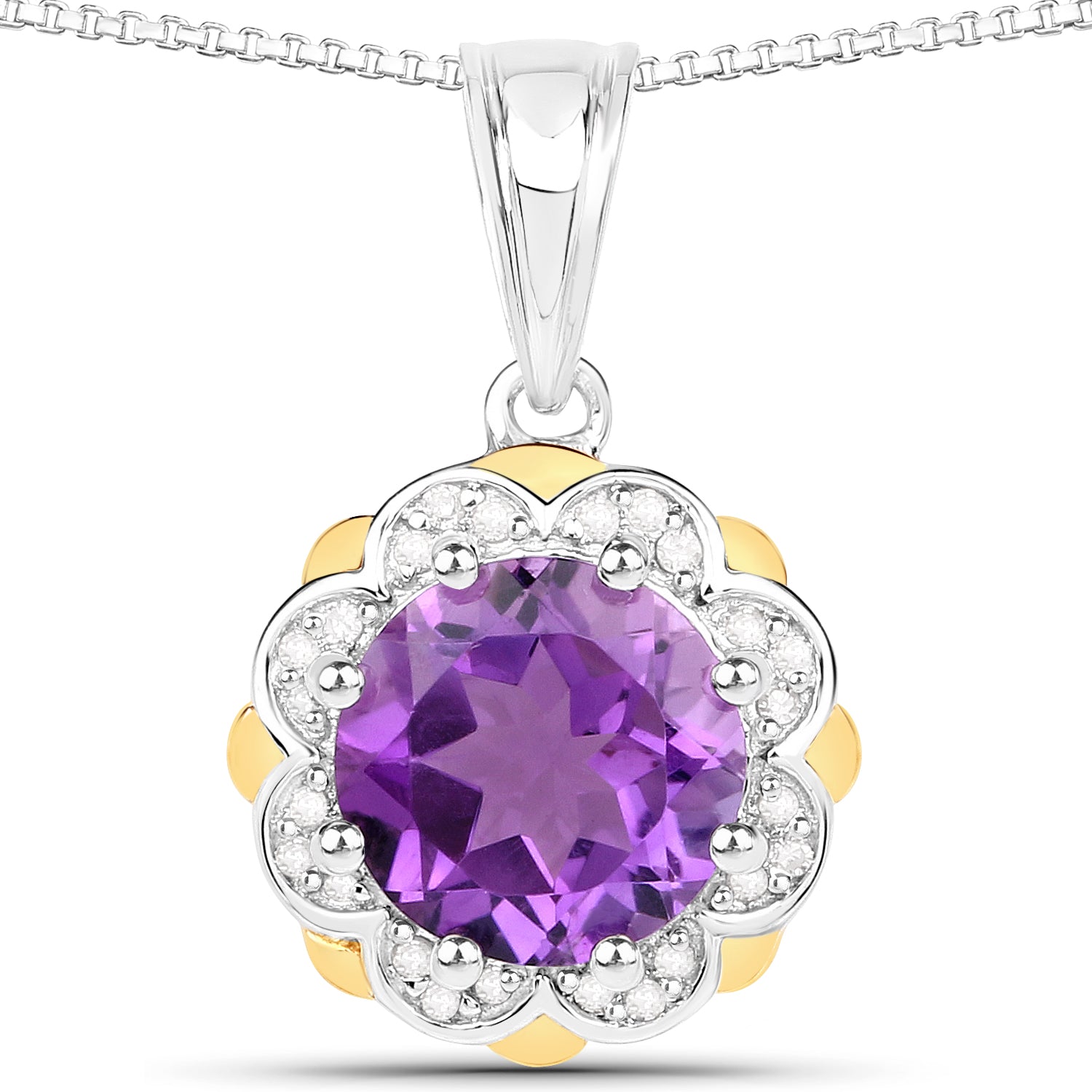 1.87 Carat Genuine Amethyst and White Diamond 14K Yellow Gold with .925 Sterling Silver Pendant on sale at MyriadMart