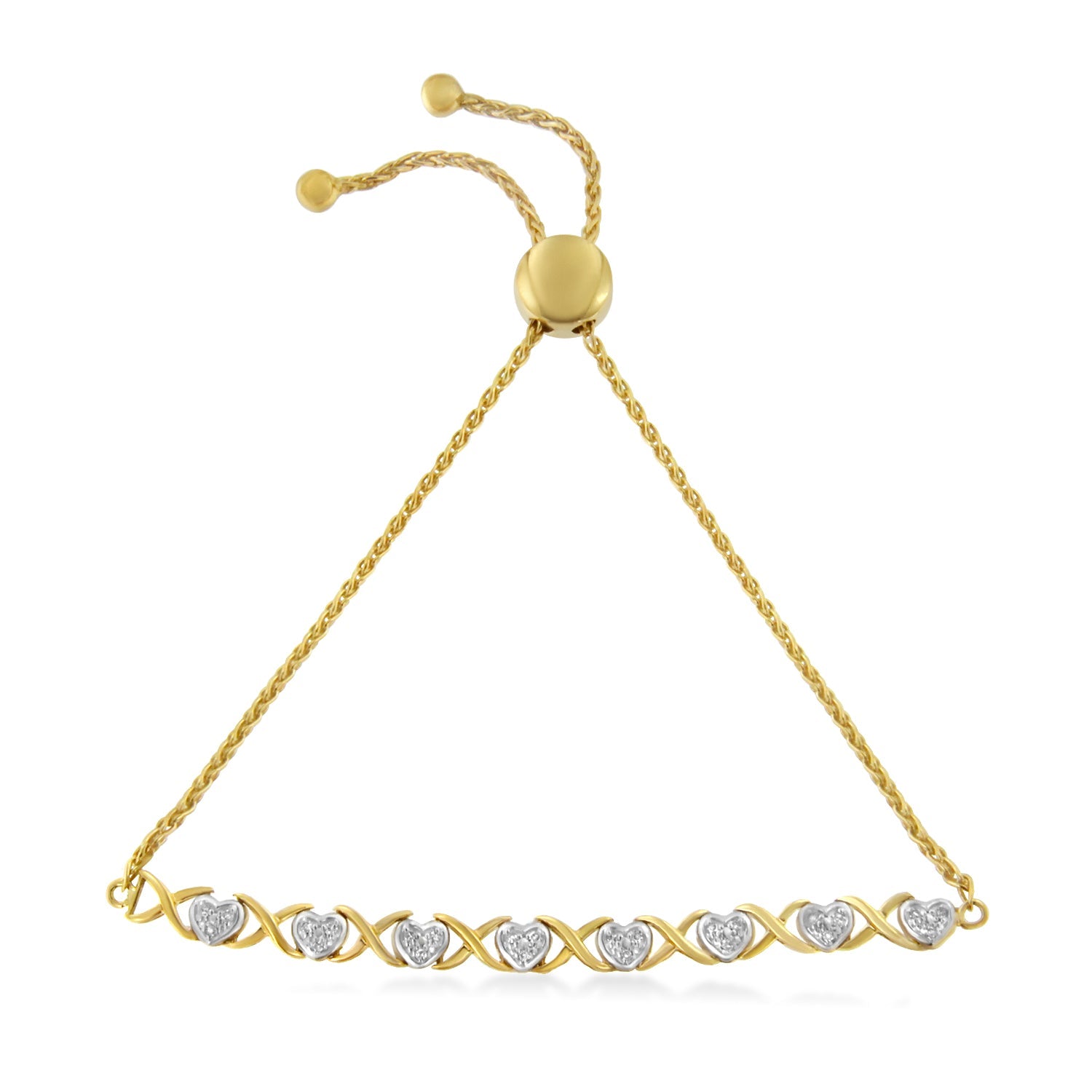 10K Yellow Gold over .925 Sterling Silver 1/10 Cttw Diamond Heart and X-Link 6â€-9â€ Adjustable Bolo Bracelet H-I Color, I2-I3 Clarity on sale at MyriadMart