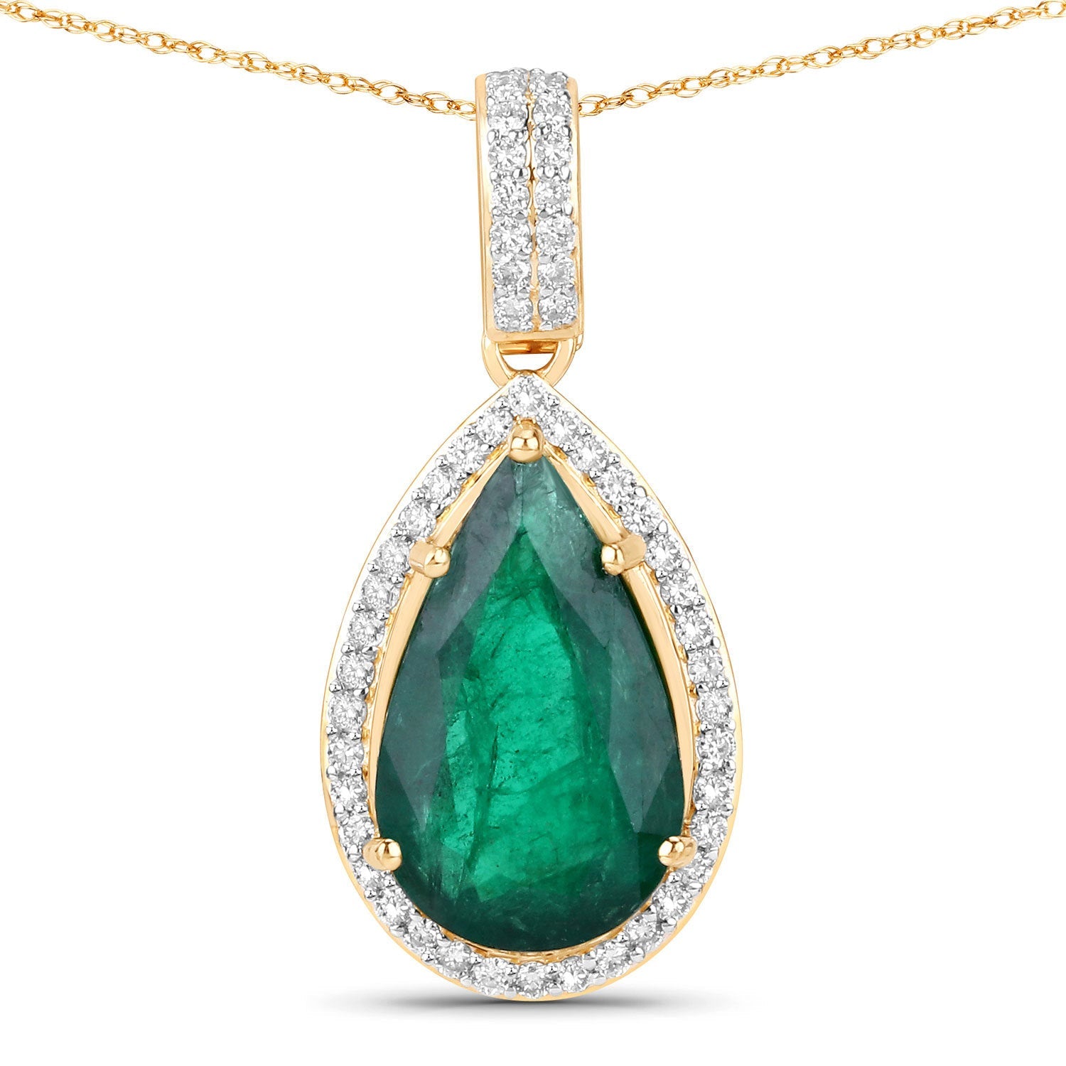 IGI Certified 3.22 Carat Genuine Zambian Emerald and White Diamond 14K Yellow Gold Pendant on sale at MyriadMart