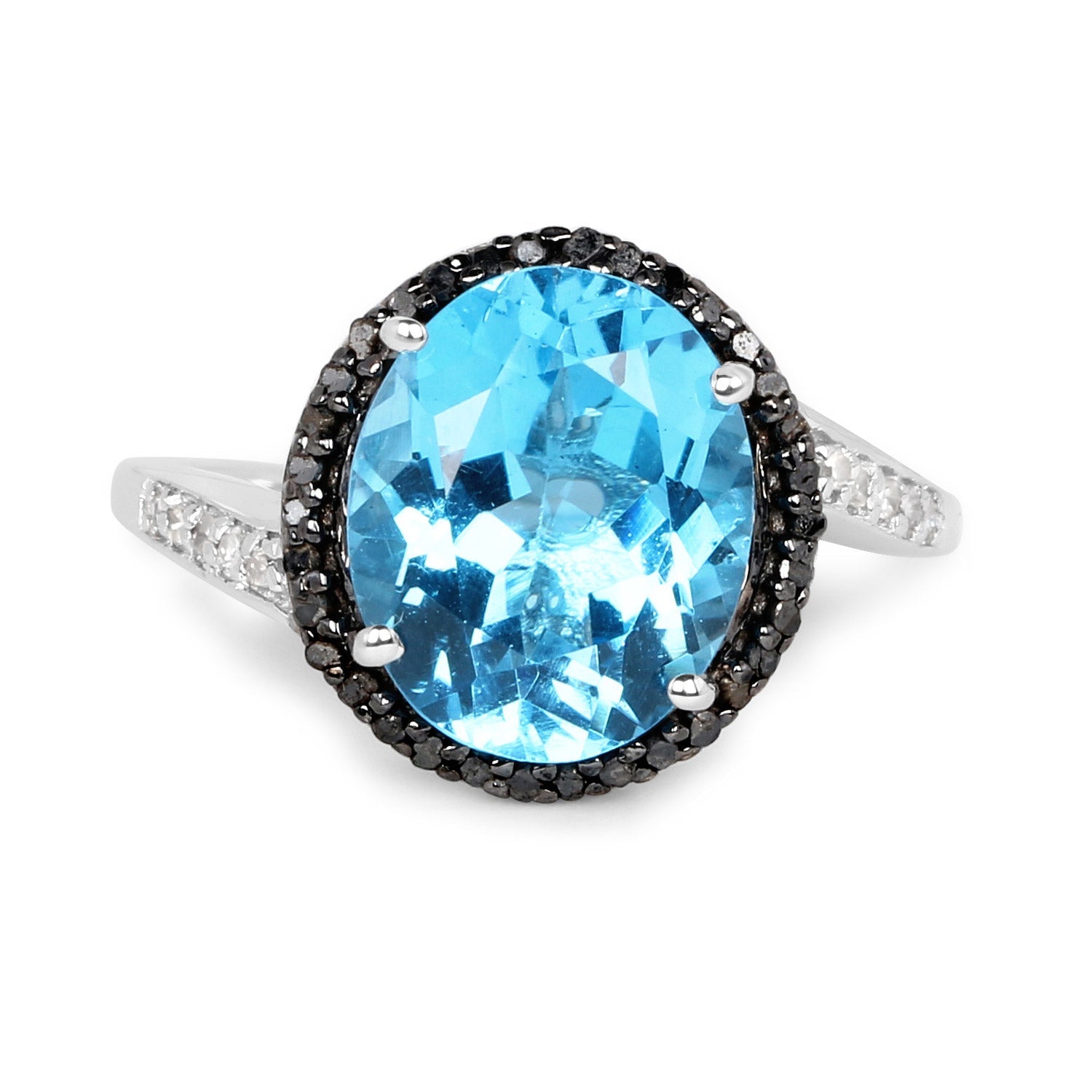 5.48 Carat Genuine Swiss Blue Topaz, Black Diamond and White Diamond .925 Sterling Silver Ring on sale at MyriadMart