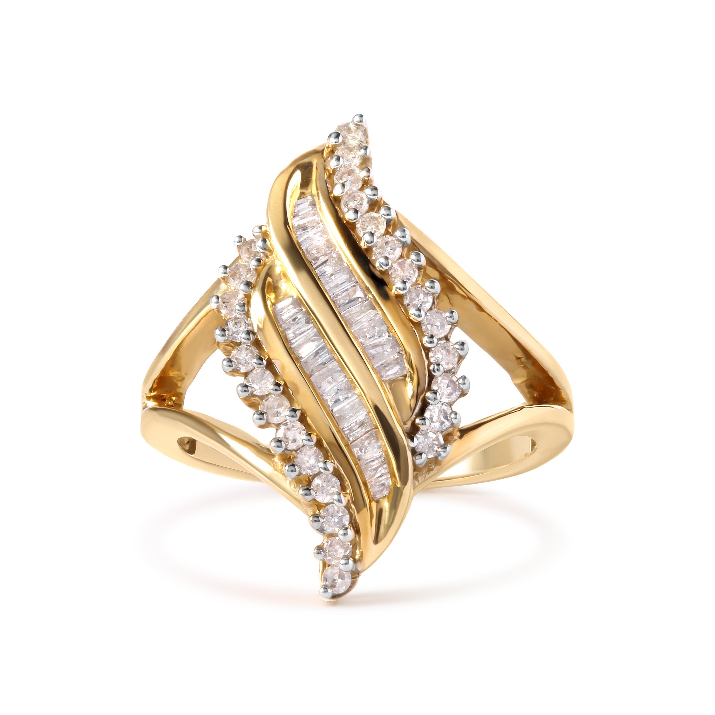10K Yellow Gold 1/2 Cttw Round and Baguette Cut Diamond Cocktail Ring H-I Color, I1-I2 Clarity on sale at MyriadMart