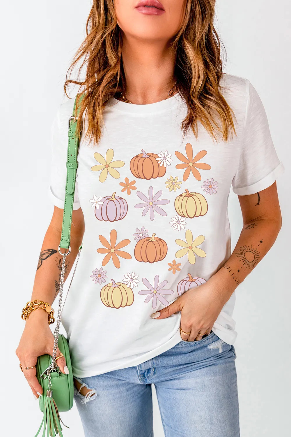 Pumpkin & Flower Round Neck Short Sleeve T-Shirt - MyriadMart