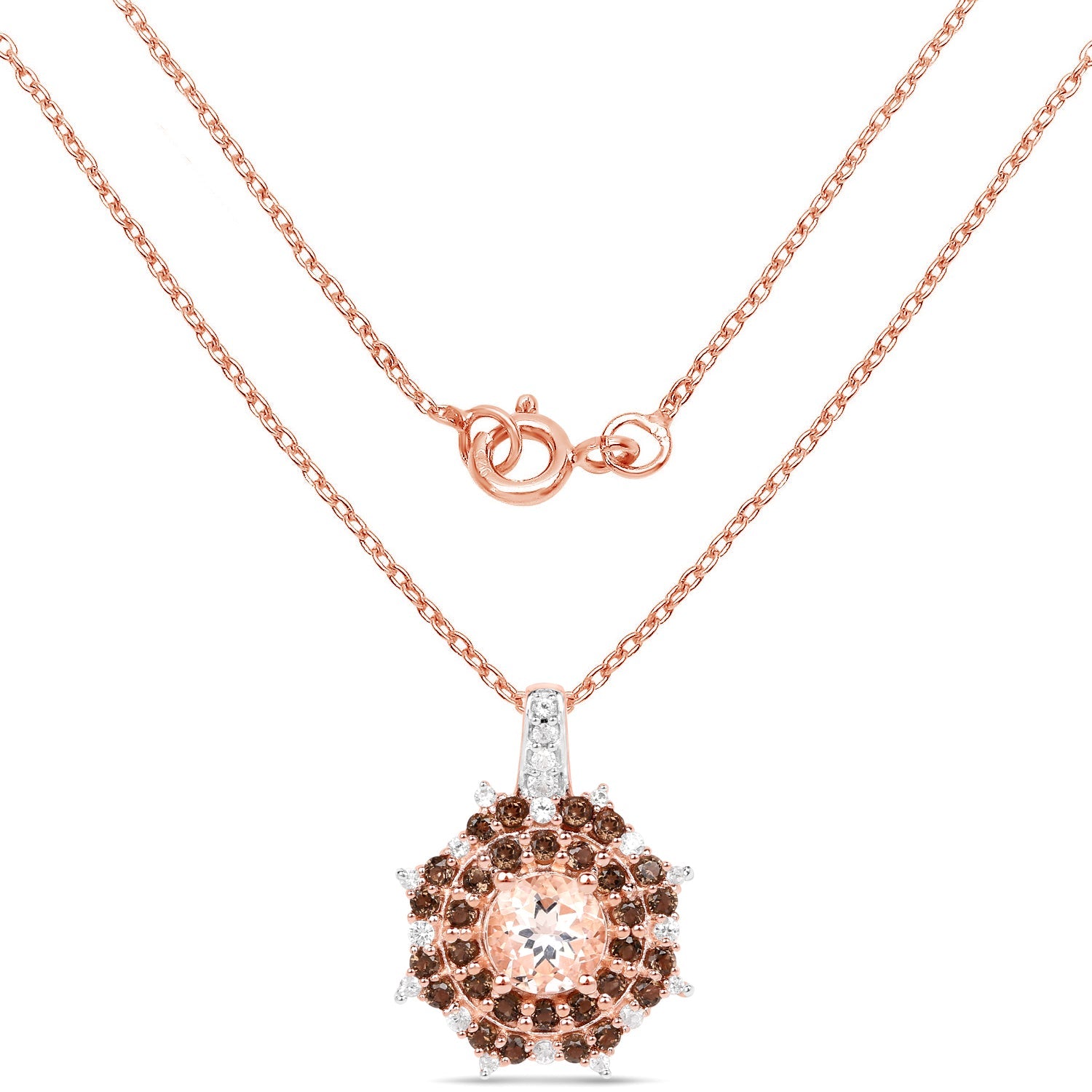 18K Rose Gold Plated 1.61 Carat Genuine Morganite, Smoky Quartz and White Zircon .925 Sterling Silver Pendant on sale at MyriadMart