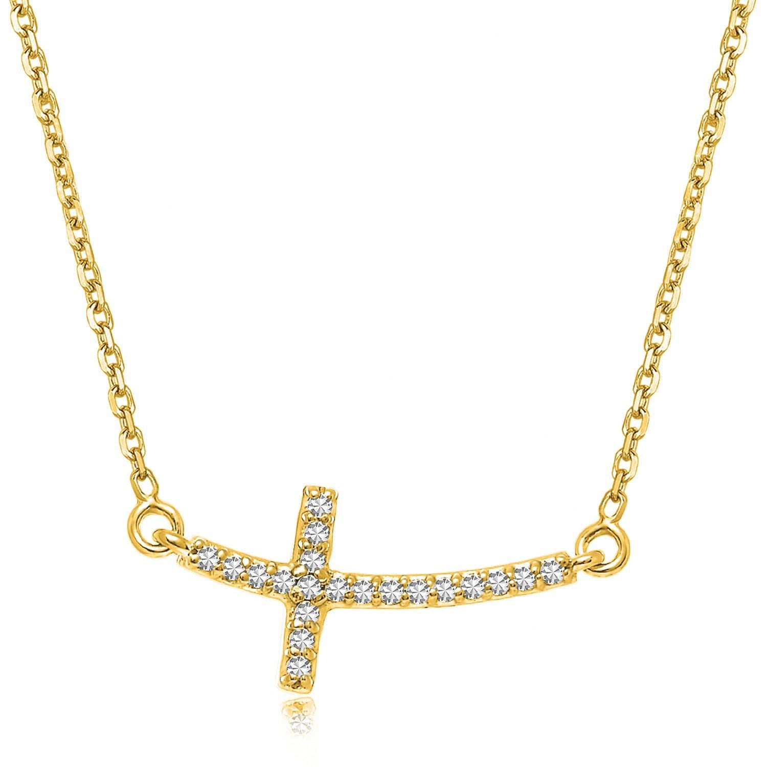 14k Yellow Gold Diamond Accented Curved Cross Necklace .11cttw on sale at MyriadMart