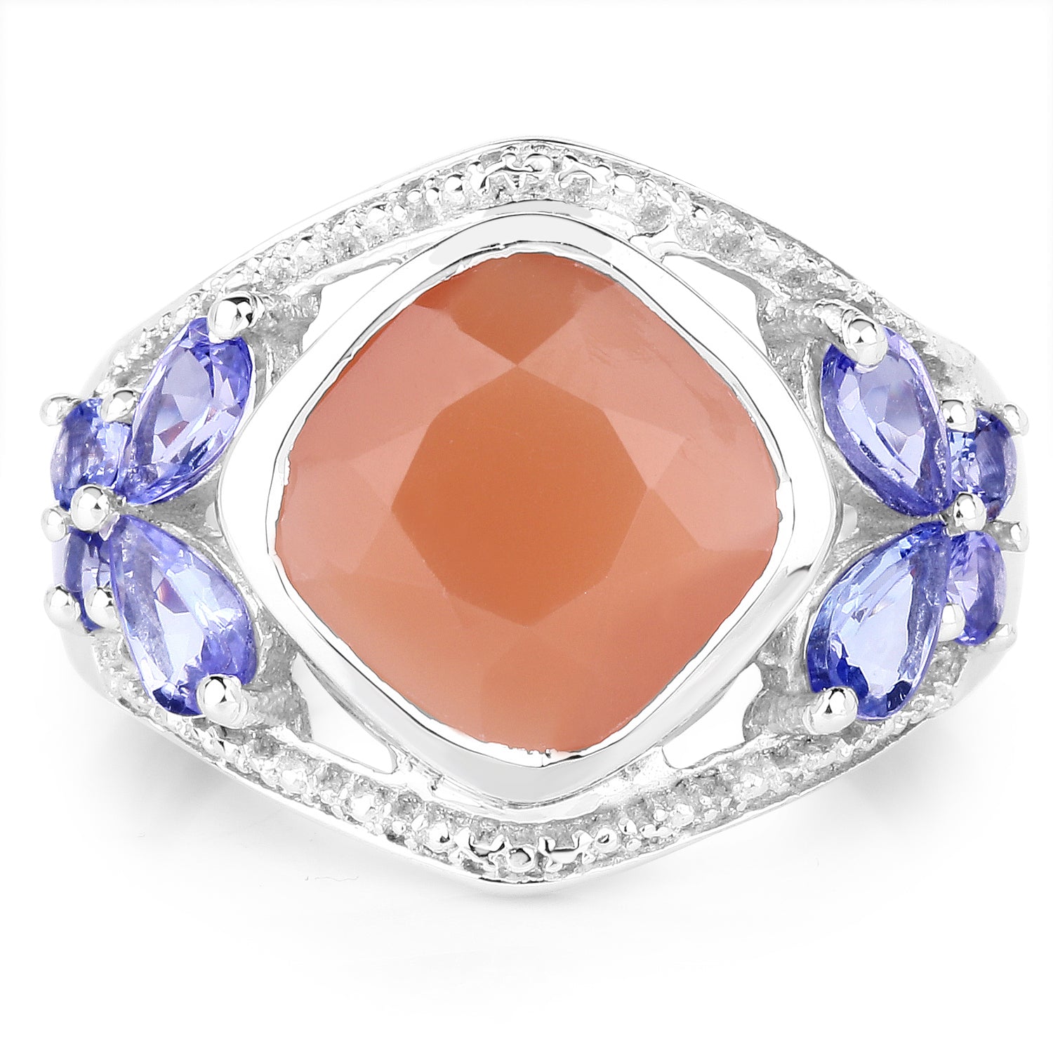 4.67 Carat Genuine Peach Moonstone and Tanzanite .925 Sterling Silver Ring on sale at MyriadMart