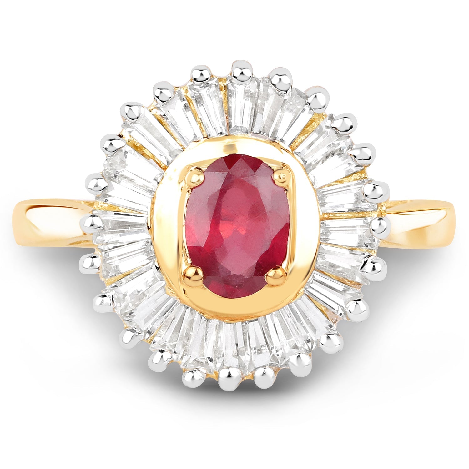 14K Yellow Gold Plated 2.44 Carat Glass Filled Ruby and White Topaz .925 Sterling Silver Ring on sale at MyriadMart
