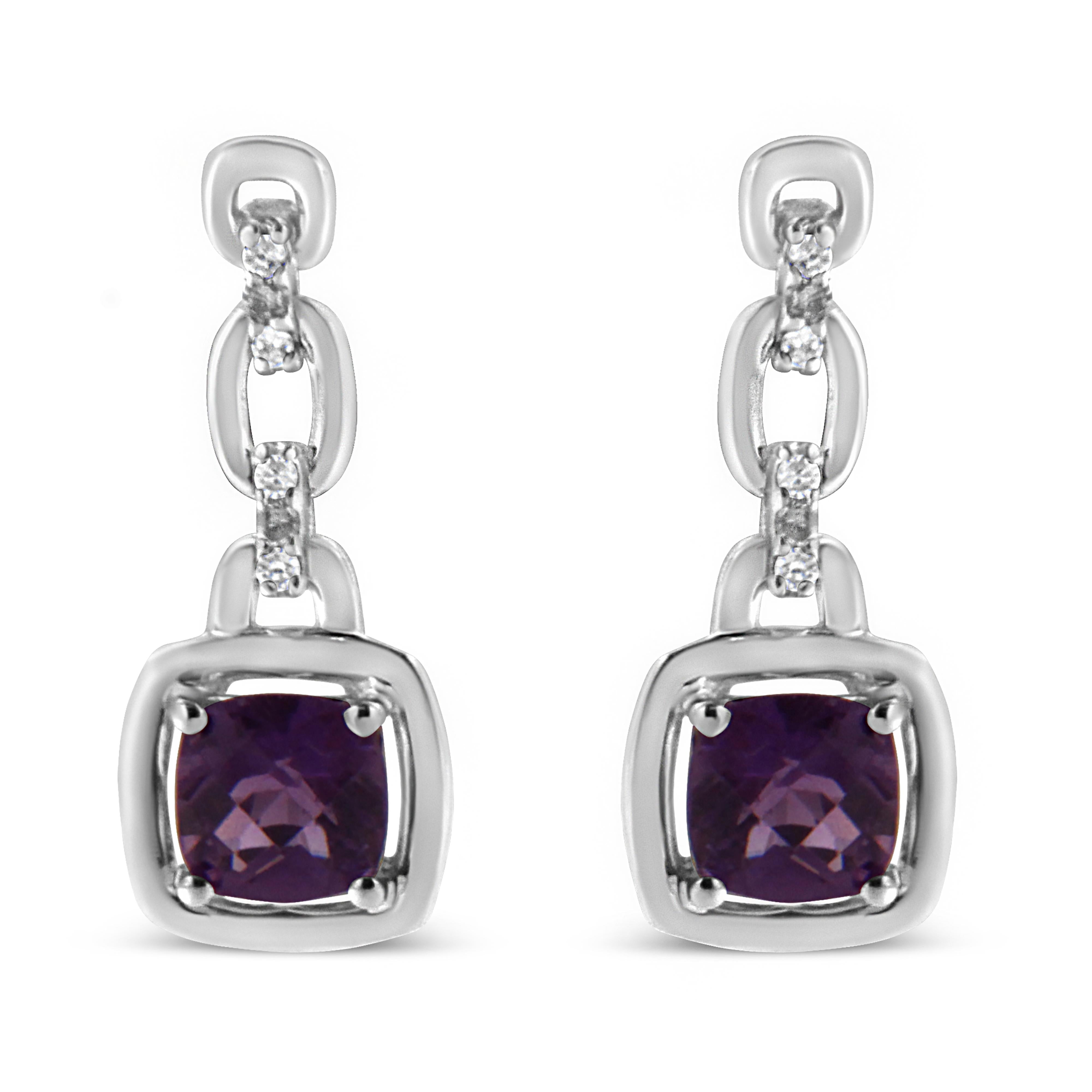.925 Sterling Silver 6x6MM Cushion Shaped Natural Purple Amethyst and Diamond Accent Drop and Dangle Earrings I-J Color, I1-I2 Clarity on sale at MyriadMart