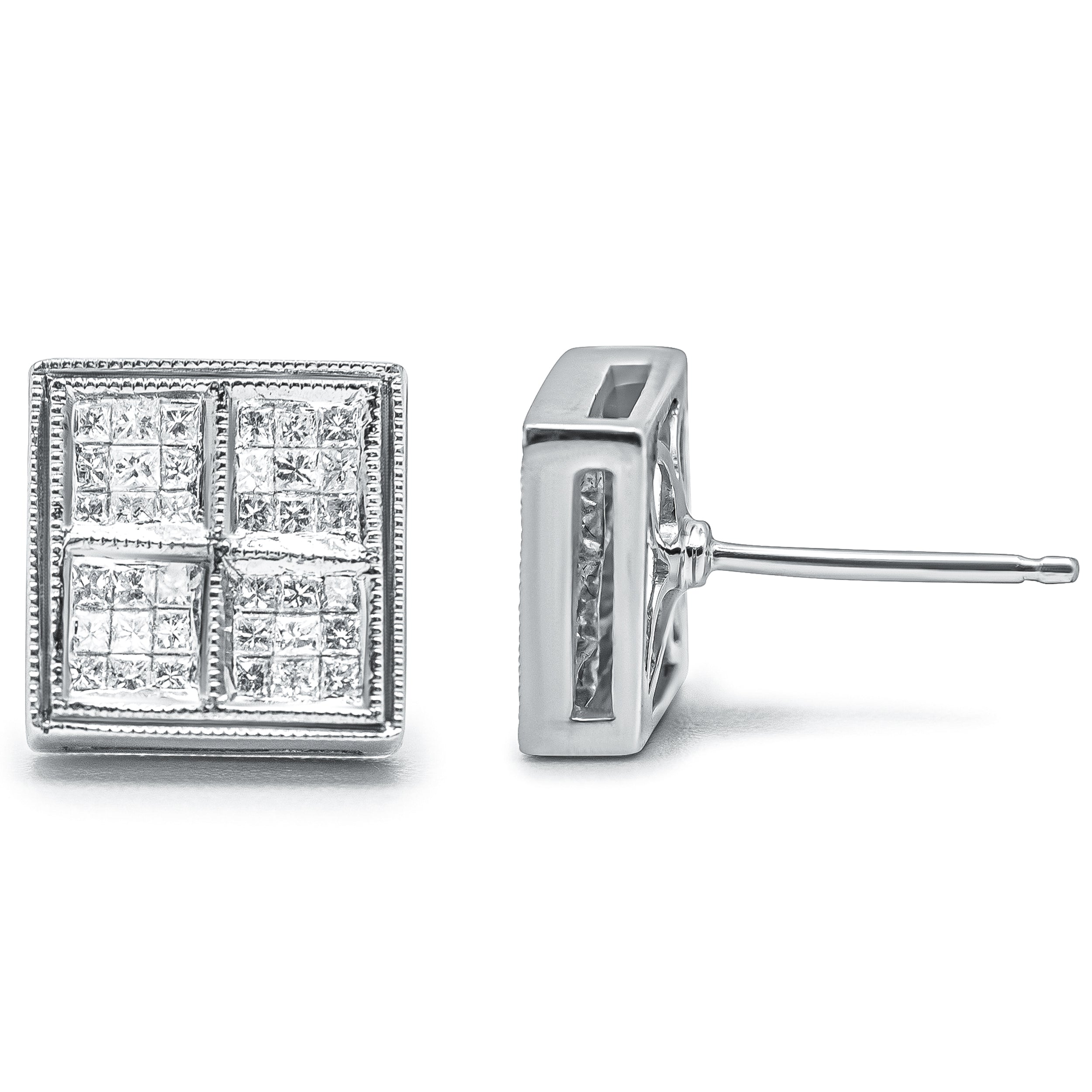 14K White Gold 1/2 Cttw Princess Diamond Composite Box Shape Milgrain Stud Earrings H-I Color, SI1-SI2 Clarity on sale at MyriadMart