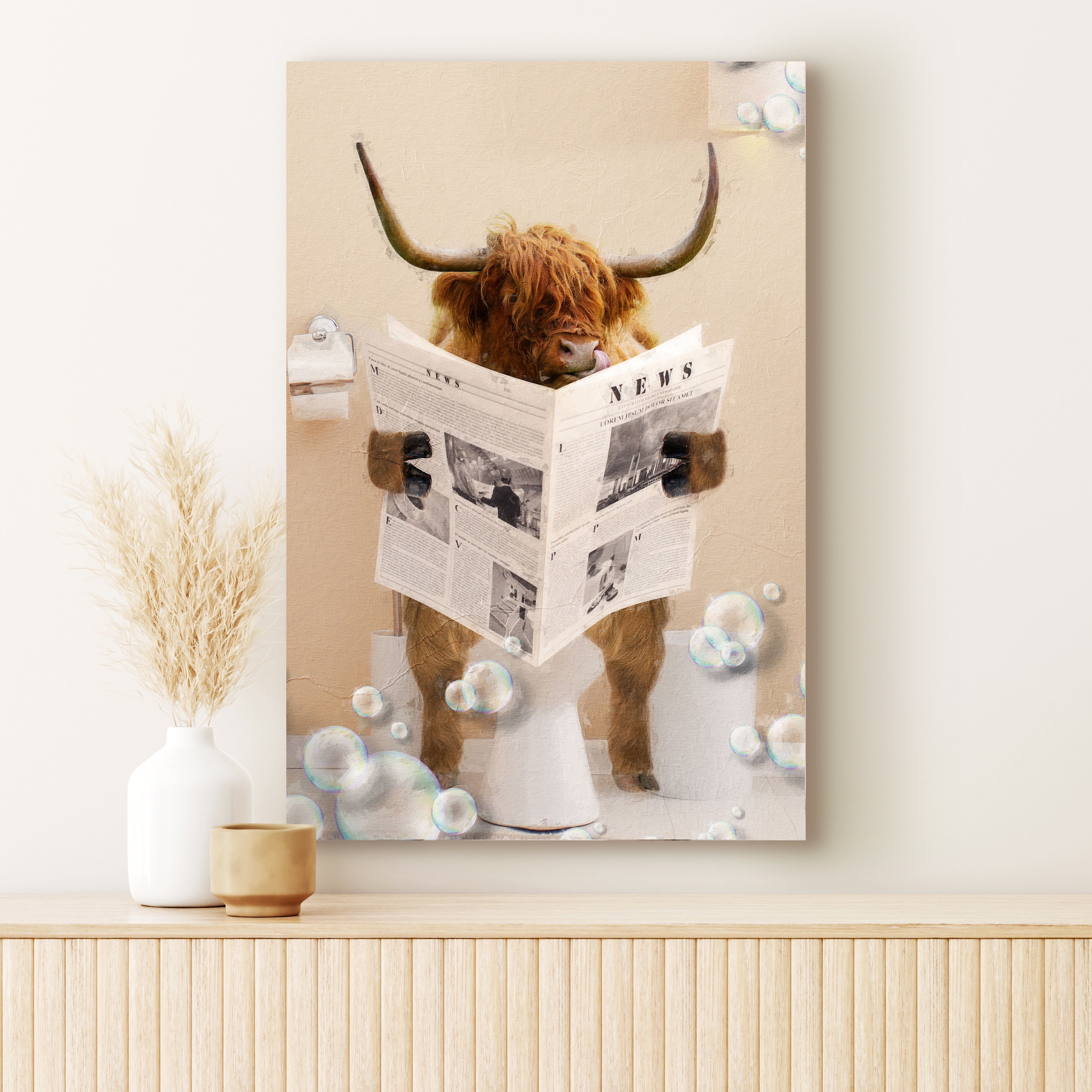 Highland Cow Reading Newspaper Canvas Wall Art on sale at MyriadMart